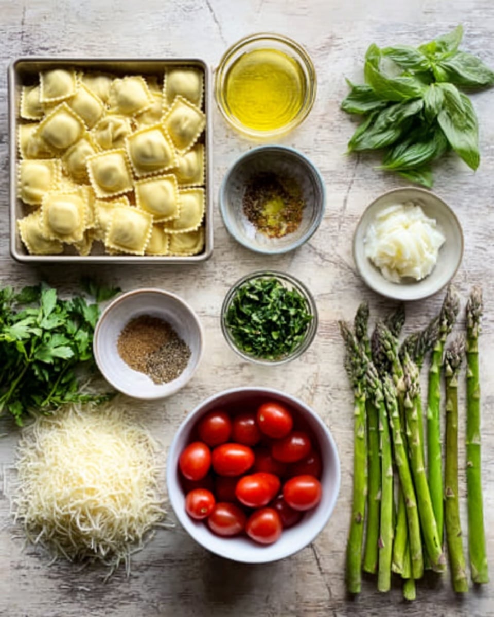 The image shows ingredients for a fresh meal arranged neatly on a white marbled surface. There is a tray of square ravioli pasta at the top left, next to small bowls of golden olive oil, brown spices, and clear broth from left to right. Below these are bowls with chopped green herbs, creamy grated cheese, coarse salt, and fresh basil leaves. A bunch of green parsley and shredded cheese are placed on the left side. A white bowl filled with bright red cherry tomatoes is positioned in the center. On the right are fresh green asparagus spears lying side by side. The colors are vibrant, with green herbs, red tomatoes, and creamy cheese contrasting on the white background. Photo taken with an iphone --ar 4:5 --v 7