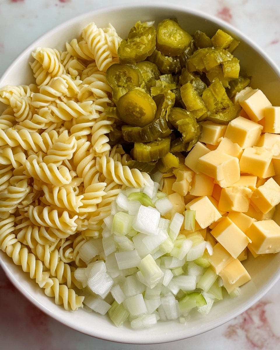 A close-up of a white bowl filled with four different ingredients arranged in separate sections: at the bottom left, pale yellow spiral pasta; at the top center, chopped green pickles with a slightly shiny texture; at the top right, small cubes of yellow and white marbled cheese; and at the bottom left corner, finely chopped white onions. The bowl rests on a white marbled surface. Photo taken with an iphone --ar 4:5 --v 7