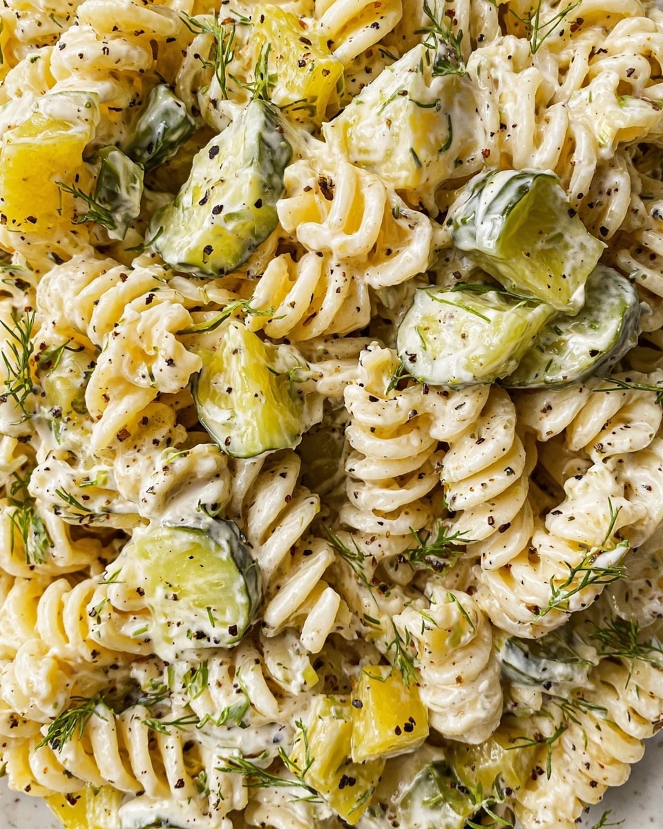 This image shows a close-up of a creamy pasta salad with three visible layers: a base layer of off-white rotini pasta spirals coated in a smooth, creamy dressing, scattered with medium-sized chunks of bright green and yellow pickles that add a glossy texture, and small bits of fresh green dill sprinkled throughout for color contrast and freshness. The pasta twists have a soft texture, while the pickle pieces add firmness and shine. Tiny black pepper flakes are sprinkled unevenly across the dish, adding a speckled dark detail on the light creamy background. The overall look is fresh and light, set against a white marbled surface. photo taken with an iphone --ar 4:5 --v 7