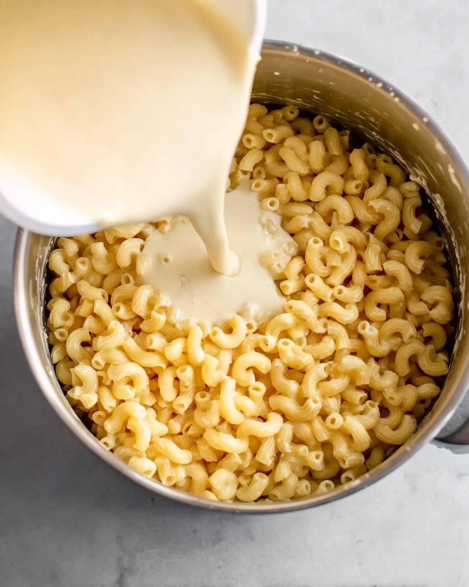 A top view of a silver metal pot filled with cooked elbow macaroni in a pale yellow color. A creamy beige sauce is being poured over the macaroni from a white container held above the pot. The background is a white marbled texture. photo taken with an iphone --ar 4:5 --v 7