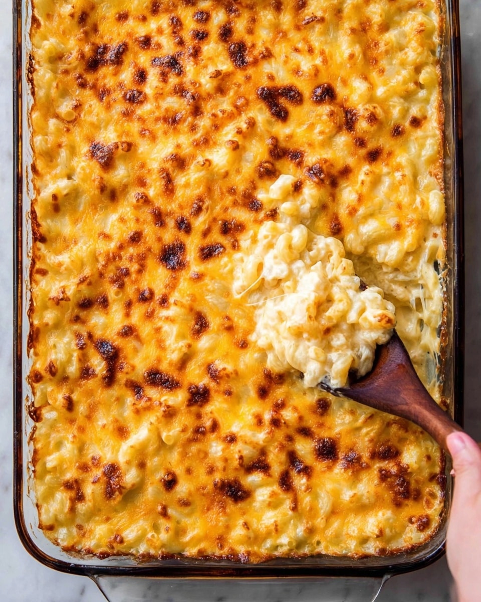 A large, rectangular glass baking dish filled with creamy macaroni and cheese, featuring multiple layers with soft, slightly browned macaroni noodles at the bottom and a thick layer of melted cheddar cheese on top that is golden yellow with dark brown spots where it has browned, giving a bubbly, crispy texture. A woman's hand holding a wooden spoon scoops up a portion from the upper left corner, showing stretchy, cheesy layers beneath the crispy surface. The dish sits on a white marbled surface. photo taken with an iphone --ar 4:5 --v 7