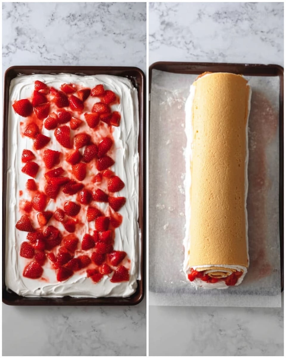 The image shows two side-by-side photos of a dessert being made on a white marbled surface. On the left side, there is a rectangular white tray with a layer of white whipped cream spread evenly, topped with many small, bright red strawberry slices scattered all over. On the right side, the dessert has been rolled from one edge to the other into a tight spiral, revealing a light golden brown outer layer that looks soft and slightly textured. A sheet of parchment paper lies flat underneath the rolled dessert. photo taken with an iphone --ar 4:5 --v 7