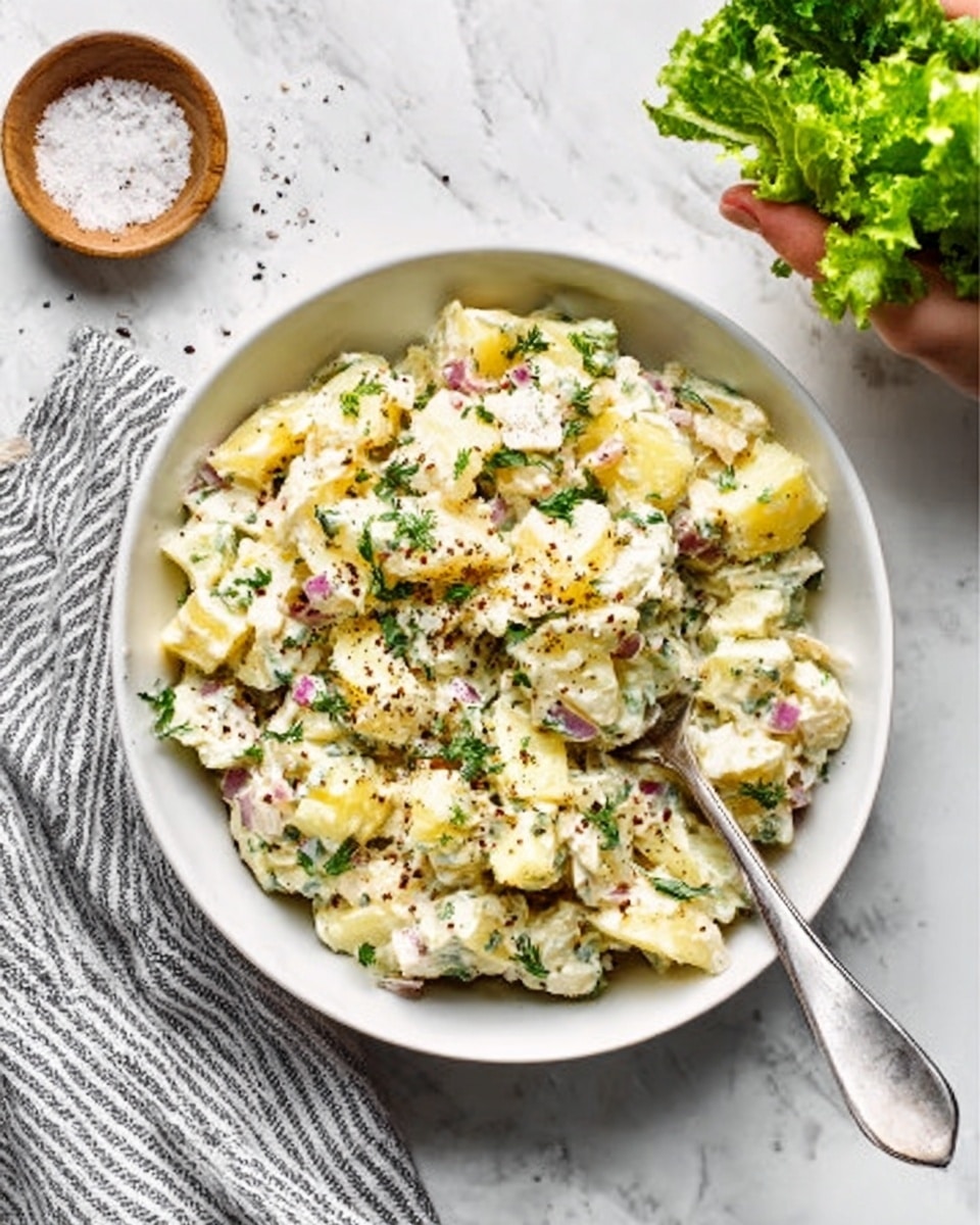 A white bowl filled with a creamy potato salad with visible layers of cubed potatoes mixed with small bits of red onion and chopped herbs, topped with scattered black pepper and fresh green herbs. A silver spoon rests inside the bowl on the left side, gently lifting some salad. The bowl sits on a white marbled surface with a woman’s hand holding a bunch of fresh green lettuce leaves in the top right corner. Nearby, a smaller white bowl containing coarse salt is partially seen on the upper left, and a folded gray and white striped cloth is placed under the bowl on the bottom left. Photo taken with an iphone --ar 4:5 --v 7
