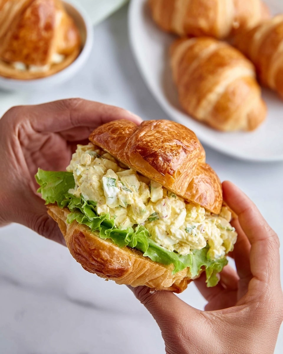 A sandwich made with a golden brown croissant sliced open, showing three layers inside. The bottom layer is a fresh green leaf of lettuce with visible texture. Above the lettuce, there is a thick, chunky layer of creamy egg salad, pale yellow with small bits of white and darker brown pieces mixed in. The croissant top is slightly curved with a flaky, shiny texture. A woman's hands gently hold the sandwich, one on each side. In the background, there is a white oval plate with two similar croissant sandwiches and a white bowl holding three plain croissants, all set on a white marbled surface. Photo taken with an iphone --ar 4:5 --v 7