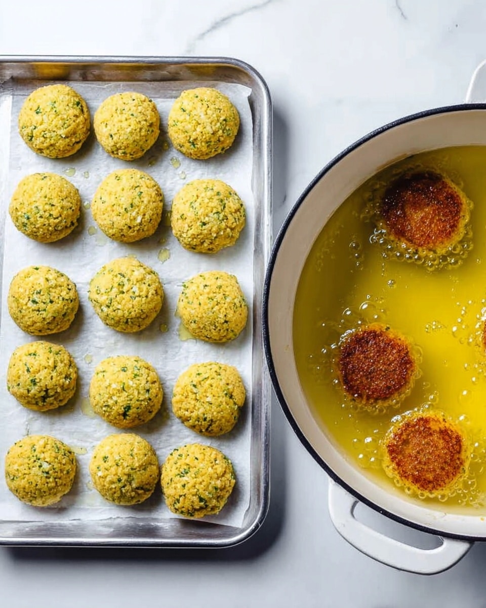 The image shows two stages of cooking falafel side by side. On the left, there is a metal tray lined with white paper that holds twelve raw falafel patties. The patties are light yellow with small green herb bits visible and are arranged in four rows of three. On the right, a white enamel pot with a black rim holds hot oil where seven falafel patties are frying. The patties are a deep golden brown color and small bubbles form around them in the yellow oil. The background is a white marbled texture. Photo taken with an iphone --ar 4:5 --v 7