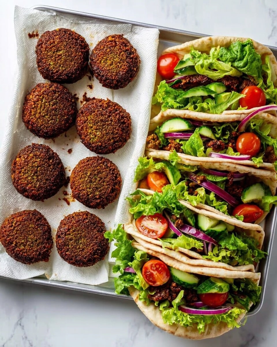 On the left, a white rectangular tray holds eleven round falafel patties with a rough, dark brown crispy texture on white paper towels. On the right, four pita pockets filled with several layers create a fresh, colorful look: a soft beige pita base, filled with dark brown falafel balls, topped with bright green curly lettuce leaves, thin slices of light green cucumber, halved small red cherry tomatoes, and thin rings of purple onion, all placed on a white marbled surface. Photo taken with an iphone --ar 4:5 --v 7