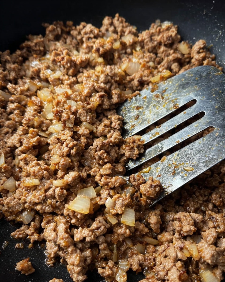 The image shows a close-up view of cooked ground meat mixed with small pieces of translucent cooked onions in a black pan. The meat is crumbly with a brownish color and a slightly wet texture that reflects the light. There is a metal spatula with a worn look resting on the meat, partially submerged, its handle out of the frame to the top right. The layers include the black pan as a base, the chunky browned meat and onion mix evenly spread on it, and the shiny silver spatula lying on the top right area. The background is not visible, focusing fully on the cooking pan and its contents. Photo taken with an iphone --ar 4:5 --v 7