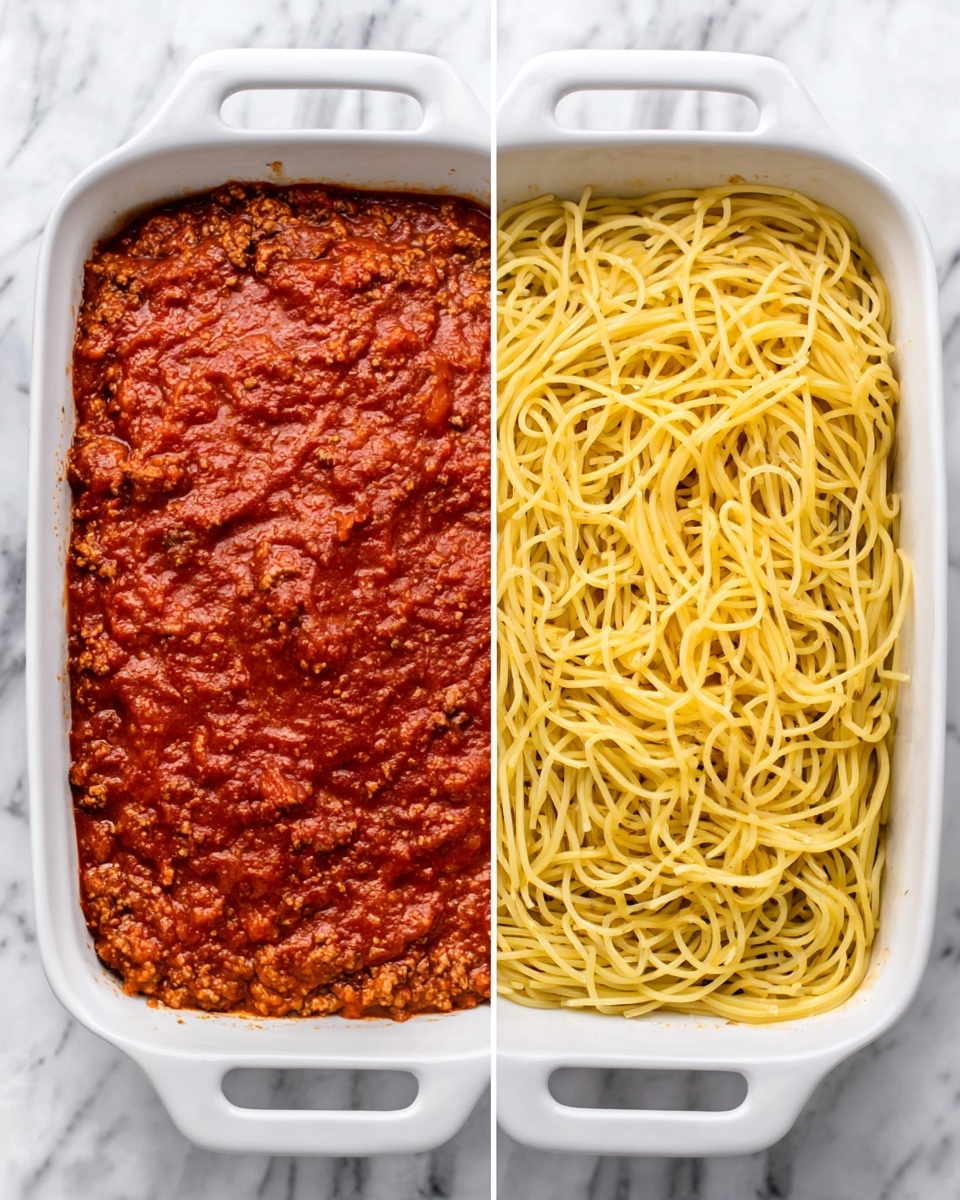 The Ultimate Baked Spaghetti Recipe 5 The image shows two white rectangular baking dishes placed side by side on a white marbled surface. The left dish is filled with a thick, rich red sauce with visible small pieces of meat mixed in, covering the entire bottom of the dish evenly. The right dish contains a layer of light yellow spaghetti noodles spread loosely across the bottom, with the noodles appearing soft and slightly shiny. Both dishes are clean around the edges, and the lighting highlights the texture of the sauce and noodles clearly. Photo taken with an iphone --ar 4:5 --v 7