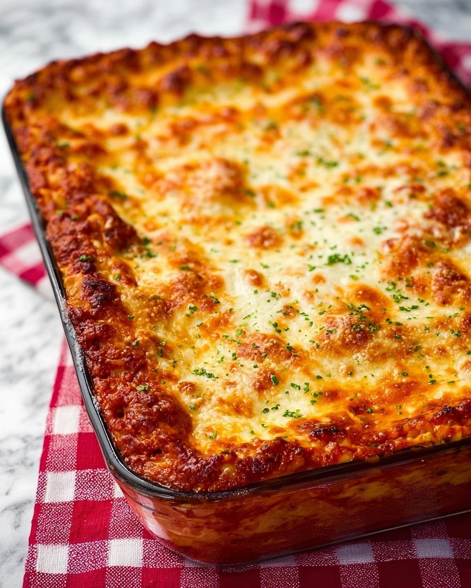 The Ultimate Baked Spaghetti Recipe 6 A glass baking dish filled with a baked lasagna that has three distinct layers visible through the edges: a bottom layer of thick, rich red pasta sauce, a middle layer of creamy white ricotta cheese mixed with pasta, and a top layer of melted golden-brown cheese with small green herb sprinkles spread across. The cheese is bubbly and slightly browned on the edges. The dish is set on a white marbled surface with a red and white checkered cloth beneath. Photo taken with an iphone --ar 4:5 --v 7