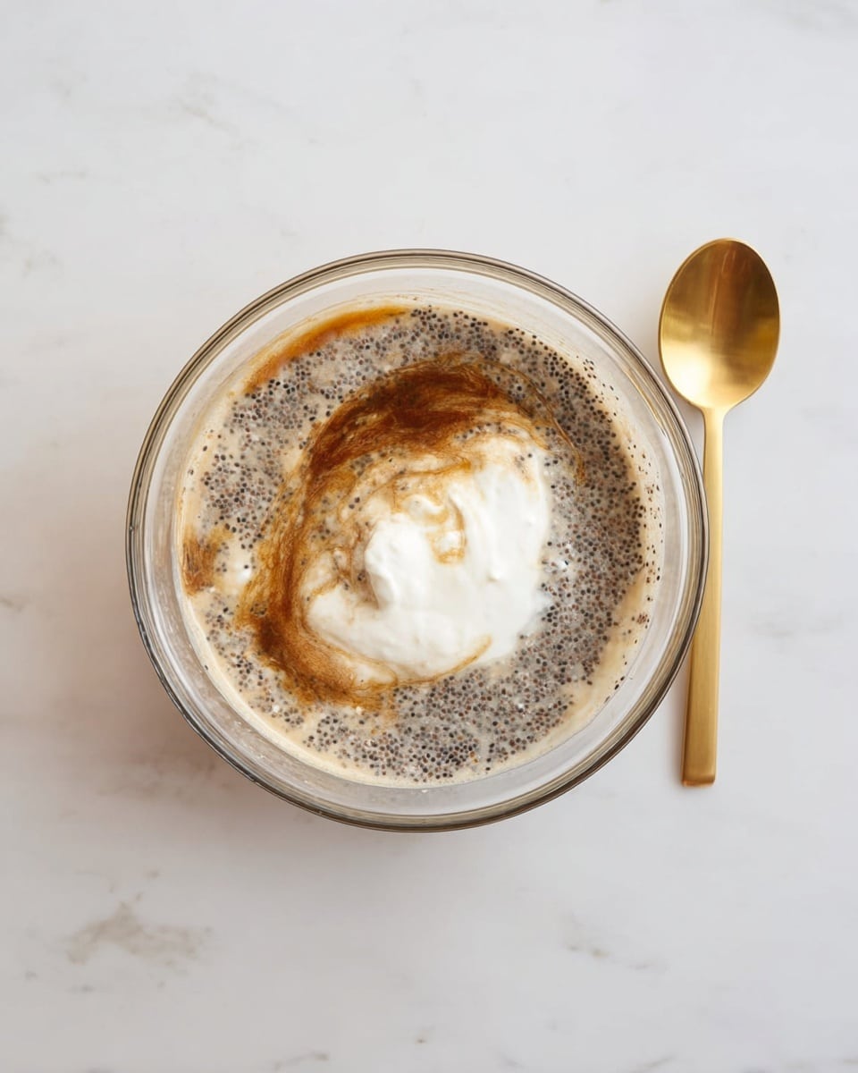A clear glass bowl sits on a white marbled surface, filled with layers of ingredients before mixing. The bottom layer is light beige with small black chia seeds scattered throughout, creating a speckled texture. On top of this, there is a dollop of thick, white cream near the center. Around the edges, a thin swirl of light brown syrup or honey gently mixes with the cream and seeds, creating soft color gradients. To the right of the bowl, a golden spoon lies flat on the white marbled surface. The photo taken with an iphone --ar 4:5 --v 7