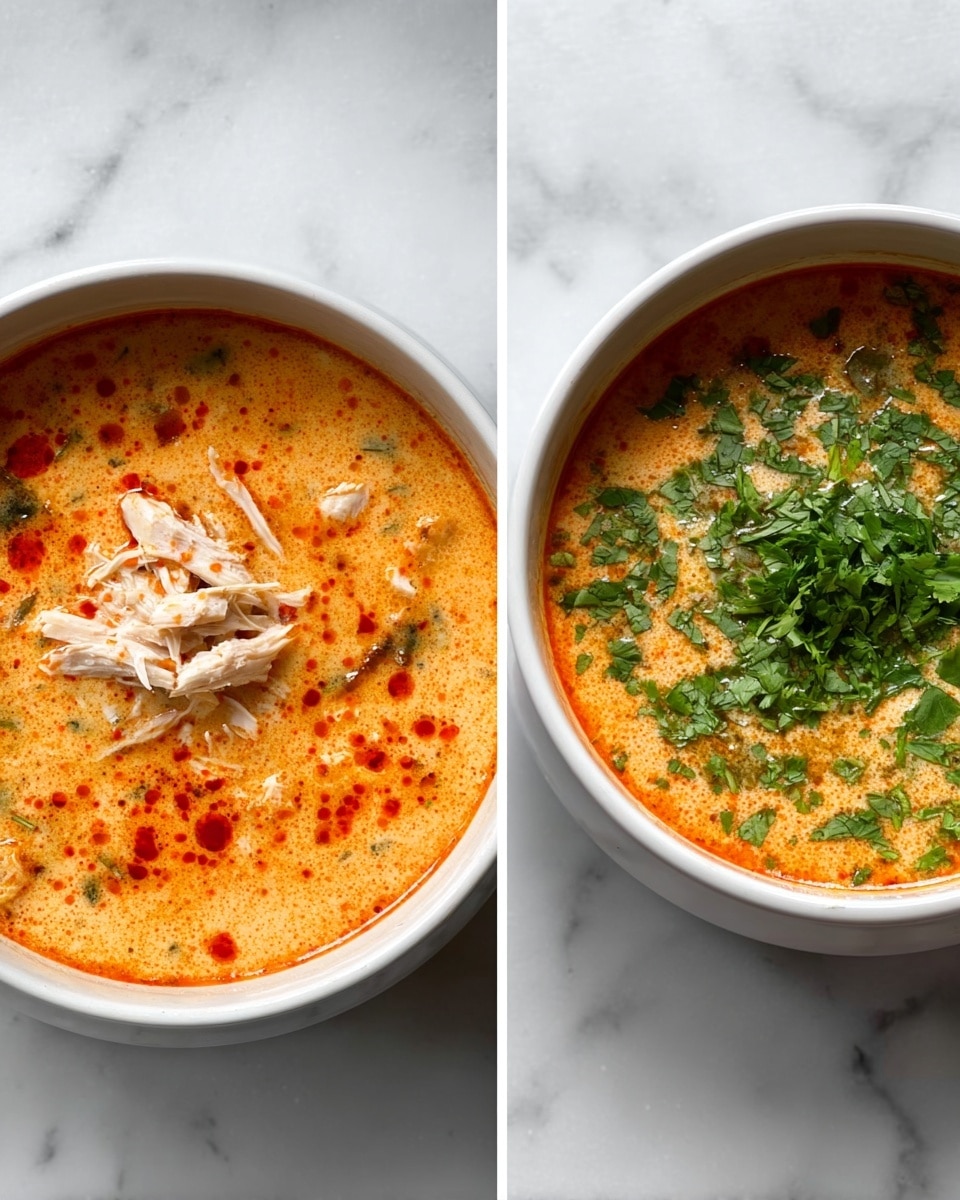 The image shows two white bowls of creamy soup on a white marbled surface. The soup has an orange color with red specks of seasoning on top. The left bowl has shredded white pieces of chicken in the center floating on the soup, while the right bowl is topped with a layer of freshly chopped green herbs spread evenly across the surface. Both bowls have the creamy soup filling nearly to the top. Photo taken with an iphone --ar 4:5 --v 7