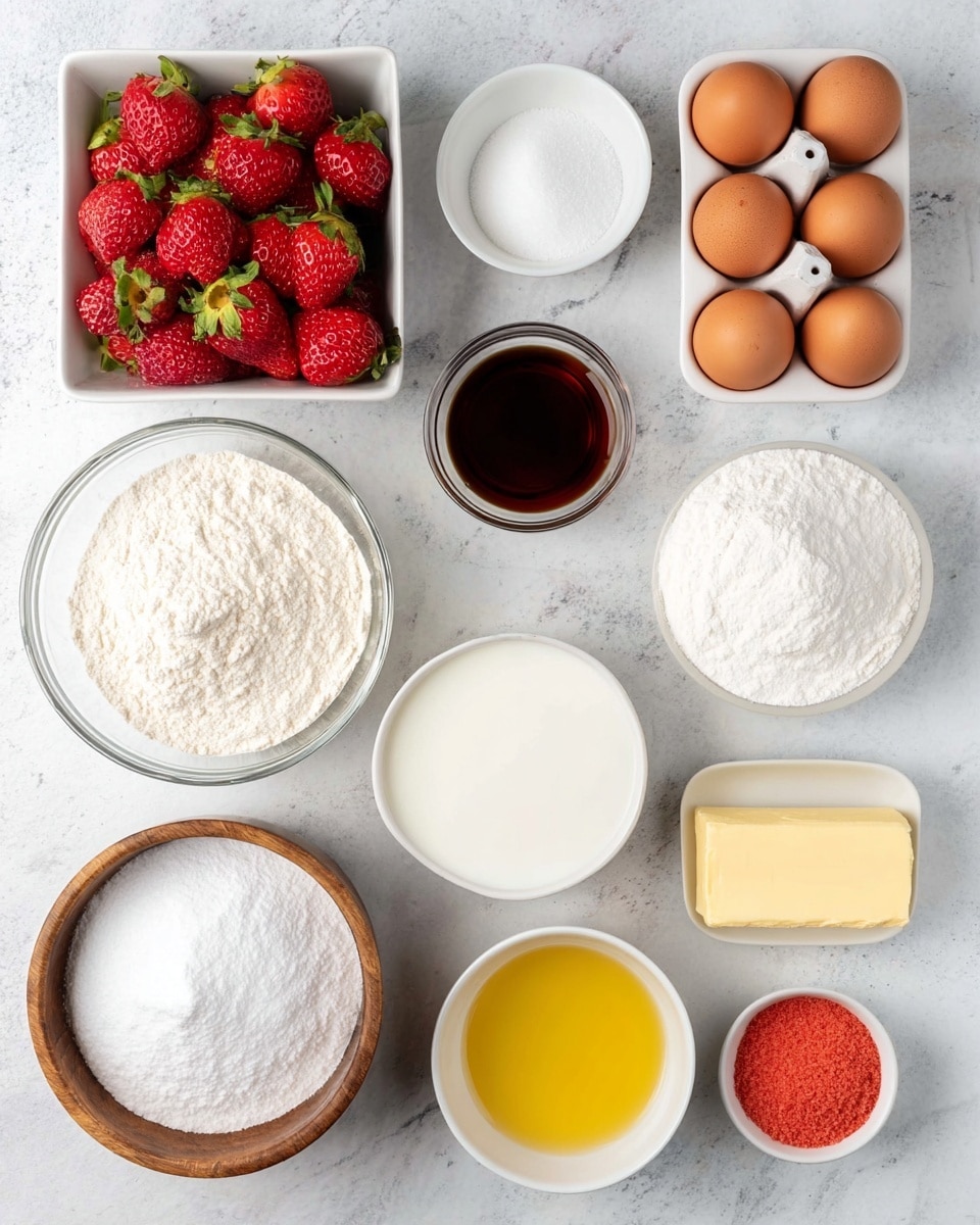 This image shows a flat lay of baking ingredients on a white marbled surface, arranged neatly in white bowls except one clear glass bowl with flour and one small wooden bowl with powder. At the top left, there is a square white bowl filled with bright red strawberries with green tops. Next to it, at the top center, is a small round white bowl with dark brown vanilla extract. On the top right, there is a white egg holder with four brown eggs. Below the eggs to the right, there is a small wooden bowl with white powder, possibly baking soda. In the middle, a round white bowl holds milk, and below it, a round white bowl filled with granulated white sugar. To the left of the sugar bowl, a clear glass bowl is filled with flour that has a fine texture. Below the flour, a round white bowl holds yellow oil. Below the sugar, another round white bowl contains white powdered sugar. Below the powdered sugar bowl on the right side, another round white bowl contains reddish-pink yeast granules. A small stick of light yellow butter rests beside the small wooden bowl with powder. The overall image is bright and clean with all items spaced evenly. Photo taken with an iphone --ar 4:5 --v 7