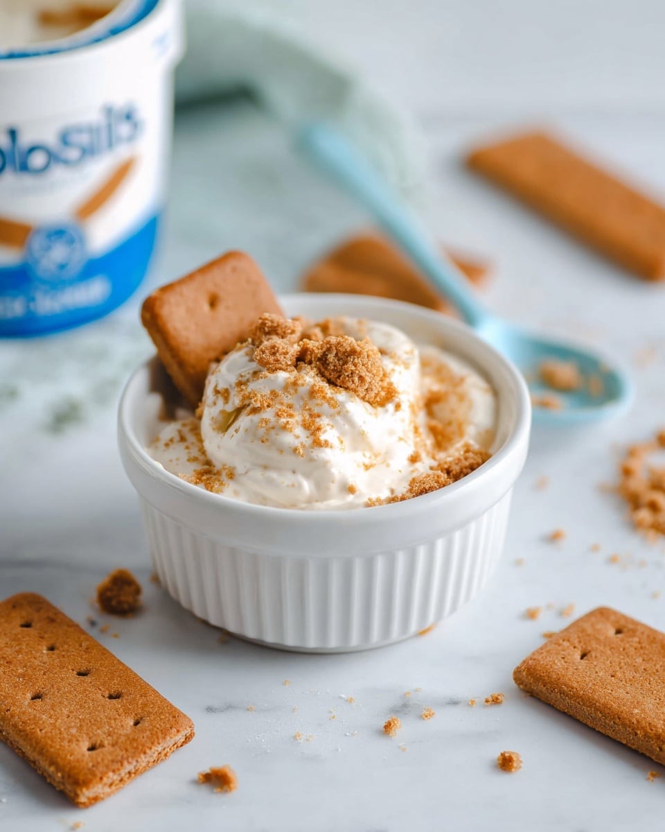 A small white bowl filled with creamy white yogurt topped with light brown crumbled biscuit pieces and a whole rectangular brown biscuit partially placed inside the yogurt on the left side. Around the bowl, several whole rectangular brown biscuits are scattered on a white marbled surface. In the background, a white container of yogurt with blue and dark green text is slightly out of focus, along with a light blue spoon inside the container. The overall setting is bright with soft natural light. photo taken with an iphone --ar 4:5 --v 7