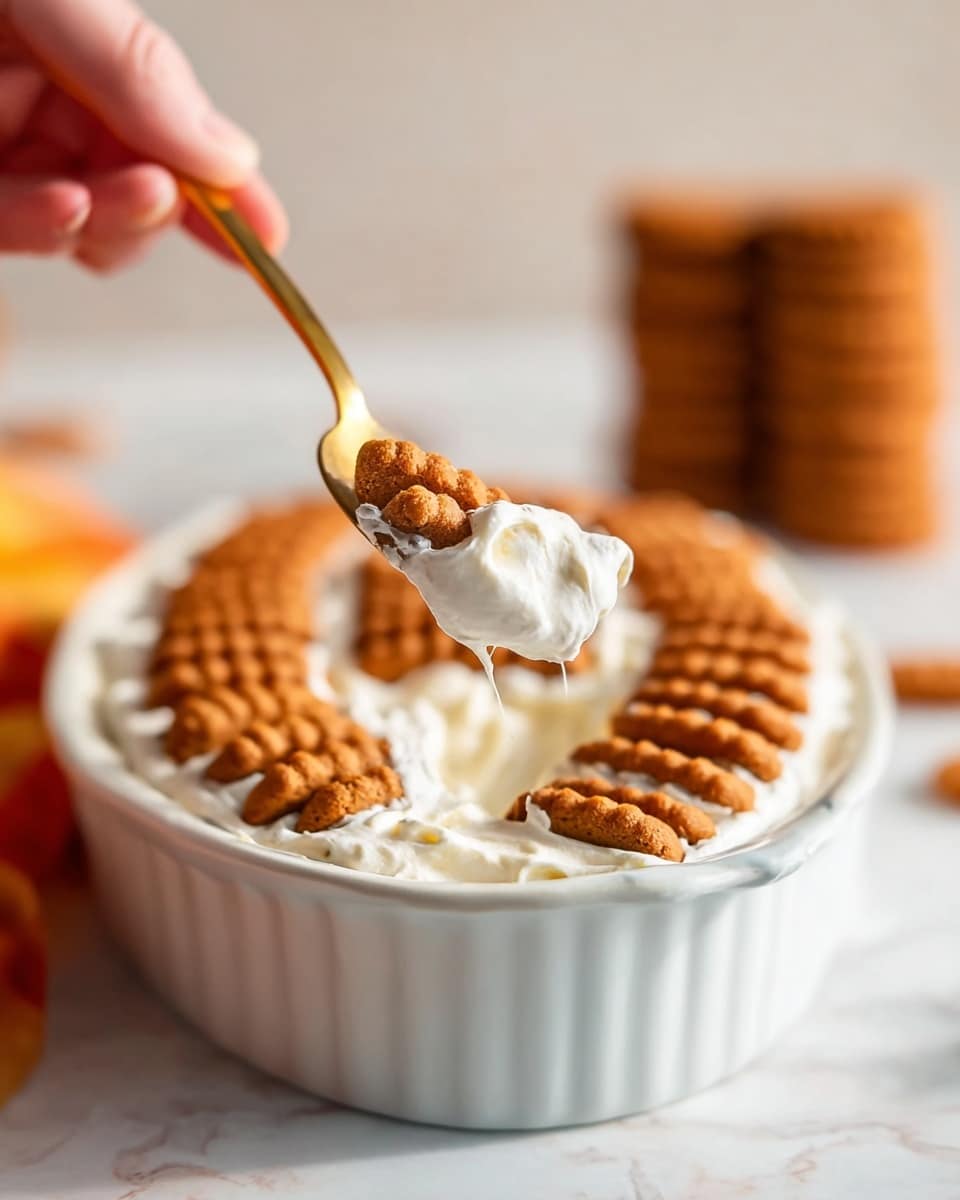 The image shows a white dish filled with creamy white whipped topping, layered with rows of small brown cookies that have a ridged texture, placed evenly on top. A woman's hand holds a gold spoon full of the creamy topping and two of the brown cookies, showing the soft texture of the dessert. The background has a white marbled texture, and in the blurred back right, there is a stack of similar cookies. photo taken with an iphone --ar 4:5 --v 7