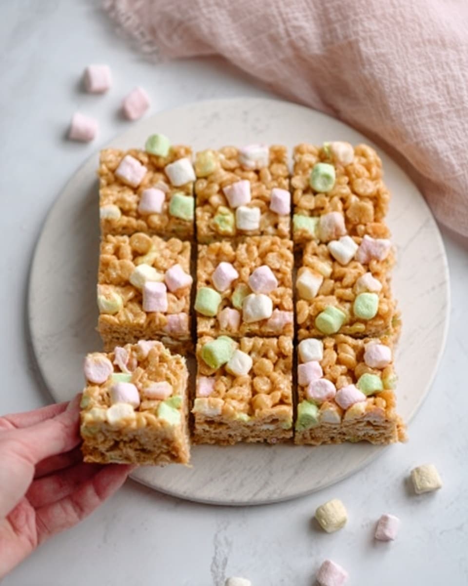 A white plate shows square pieces of a marshmallow and cereal treat arranged closely in three rows and three columns, with one piece slightly lifted by a woman's hand at the bottom middle. The treat has a golden brown top layer of cereal clusters mixed with pastel-colored mini marshmallows in white, pink, and light green. The texture of the cereal is crunchy and crumbly, while the marshmallows add soft, chewy spots scattered evenly across the surface. The background is a white marbled texture with a light pink cloth draped softly in the top right corner. A few pastel mini marshmallows are scattered below the plate. Photo taken with an iphone --ar 4:5 --v 7