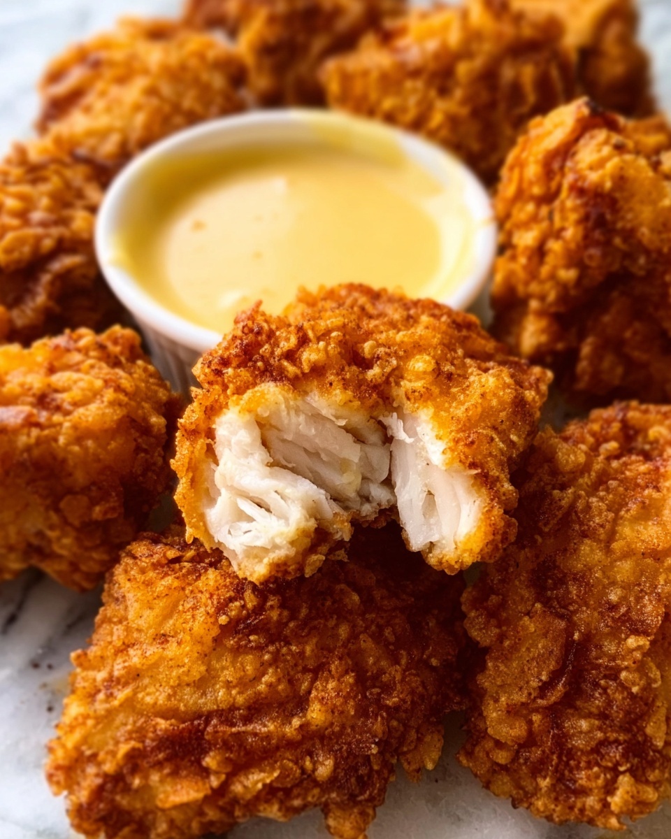 The image shows a close-up of golden brown fried chicken pieces with a crunchy, textured coating. One piece has been bitten into, revealing white, tender meat inside. The chicken pieces are placed next to a small white bowl filled with creamy, light yellow dipping sauce. The background surface is white with a marbled texture. photo taken with an iphone --ar 4:5 --v 7