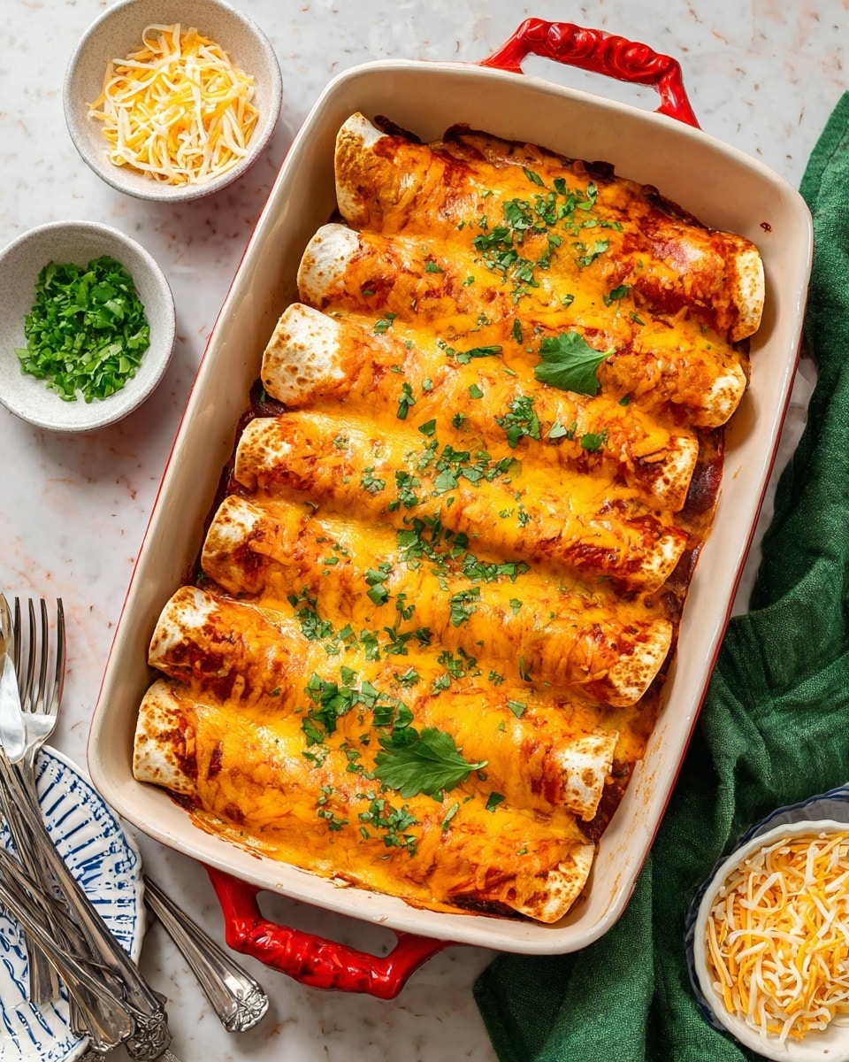 A white baking dish with a red handle holds eight rolled enchiladas covered in melted golden yellow and white cheese and topped with red sauce, sprinkled with chopped green herbs and a few fresh cilantro leaves. Around the dish, there are small white bowls filled with shredded cheese and chopped green herbs on a white marbled surface. A green cloth napkin is placed near the dish, along with part of a white plate with blue stripes and two metal forks visible in the lower left corner. photo taken with an iphone --ar 4:5 --v 7