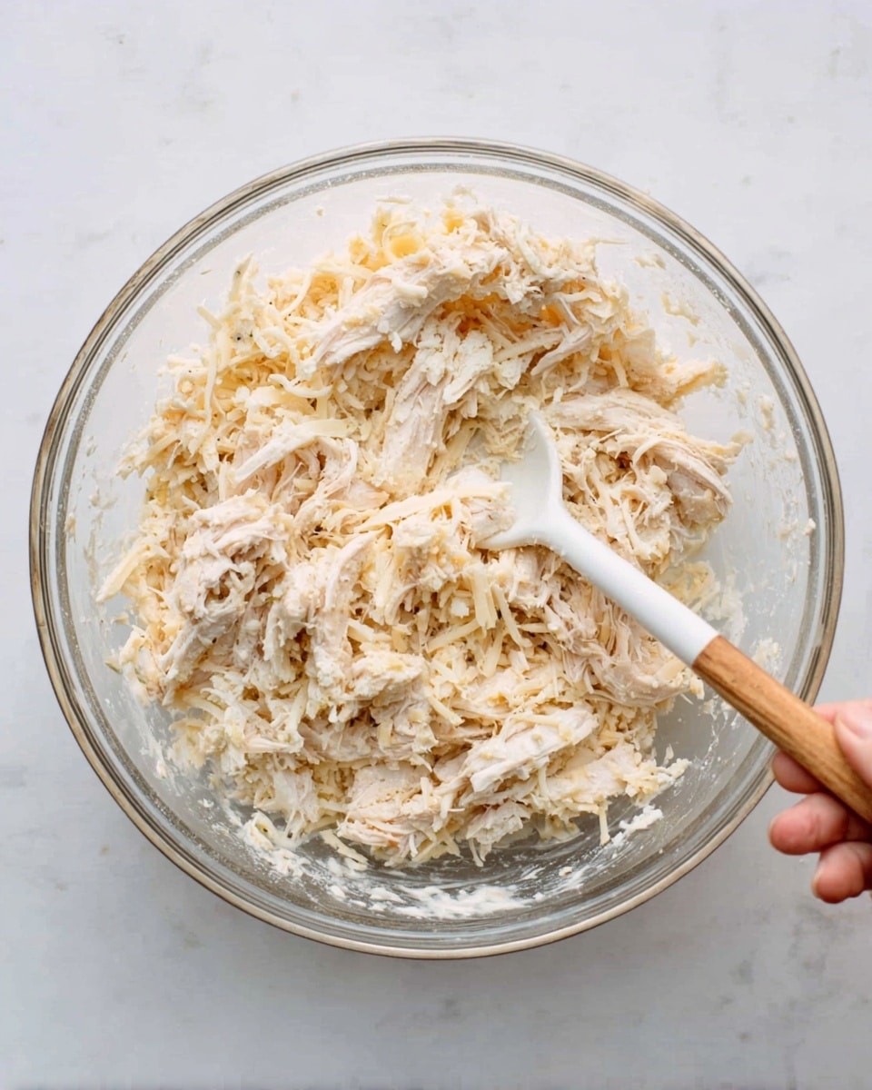 A clear glass bowl sits on a white marbled surface, filled with a mixture of shredded beige chicken and white shredded cheese, which creates a creamy texture. The mixture shows various small chunks and strands, layered evenly throughout the bowl. A white spoon with a wooden handle rests inside, partially submerged in the mixture, with a woman's hand holding the spoon. The overall look is soft and creamy with a light color palette. photo taken with an iphone --ar 4:5 --v 7