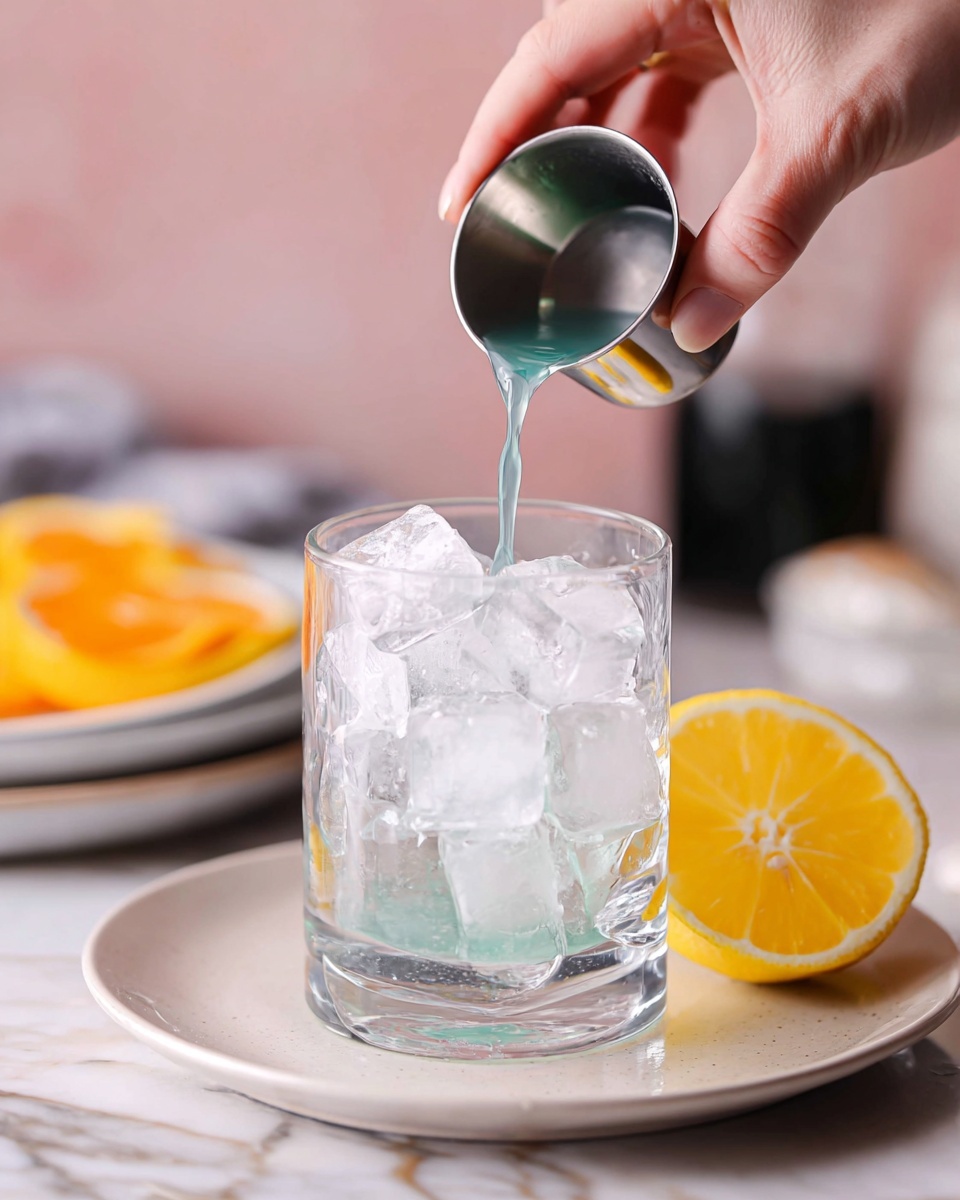 A clear glass filled with large clear ice cubes sits on a white plate. Light blue liquid is being poured from a small metal cup held by a woman's hand into the glass, filling the space between and around the ice. In the foreground on the right, there is half a lemon with a bright yellow color. The background shows blurred white plates with orange slices and a dark bottle on a white marbled surface. The overall scene has soft pink and neutral tones around the main glass. photo taken with an iphone --ar 4:5 --v 7