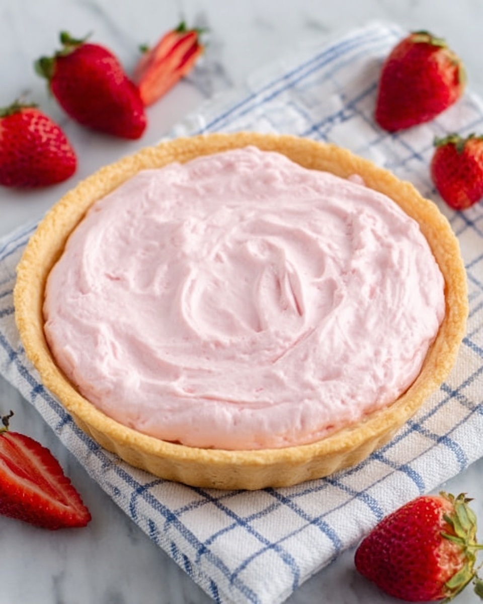 The image shows a round tart with a golden crust, filled with a smooth, light pink cream that has a soft, swirled texture on top. The cream layer is thick and evenly spread inside the crust. The tart sits on a white checkered cloth with blue lines, placed on a white marbled surface. Fresh red strawberries are scattered around the tart, adding color and freshness to the scene. A woman's hand is near the tart, touching the crust slightly. Photo taken with an iphone --ar 4:5 --v 7