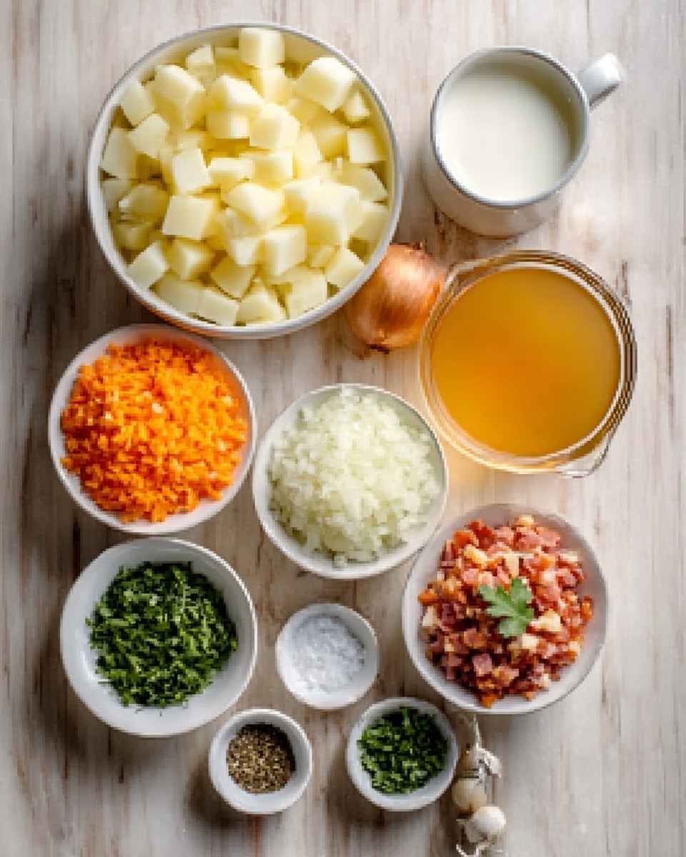 The image shows a wooden table with small white bowls and a glass cup filled with different chopped ingredients arranged neatly. In the largest bowl, there are cubed pieces of peeled potatoes, pale yellow in color. Next to it is a clear glass cup filled with golden broth. Surrounding these are smaller white bowls containing shredded orange carrots, chopped white onions, minced garlic, finely chopped cooked bacon, and sour cream topped with a small green herb leaf. There are also small dishes of salt and pepper, finely chopped fresh green herbs, and a white cup filled with milk. The setup is clean and organized on a white marbled surface, making all colors of the ingredients stand out clearly. Photo taken with an iphone --ar 4:5 --v 7