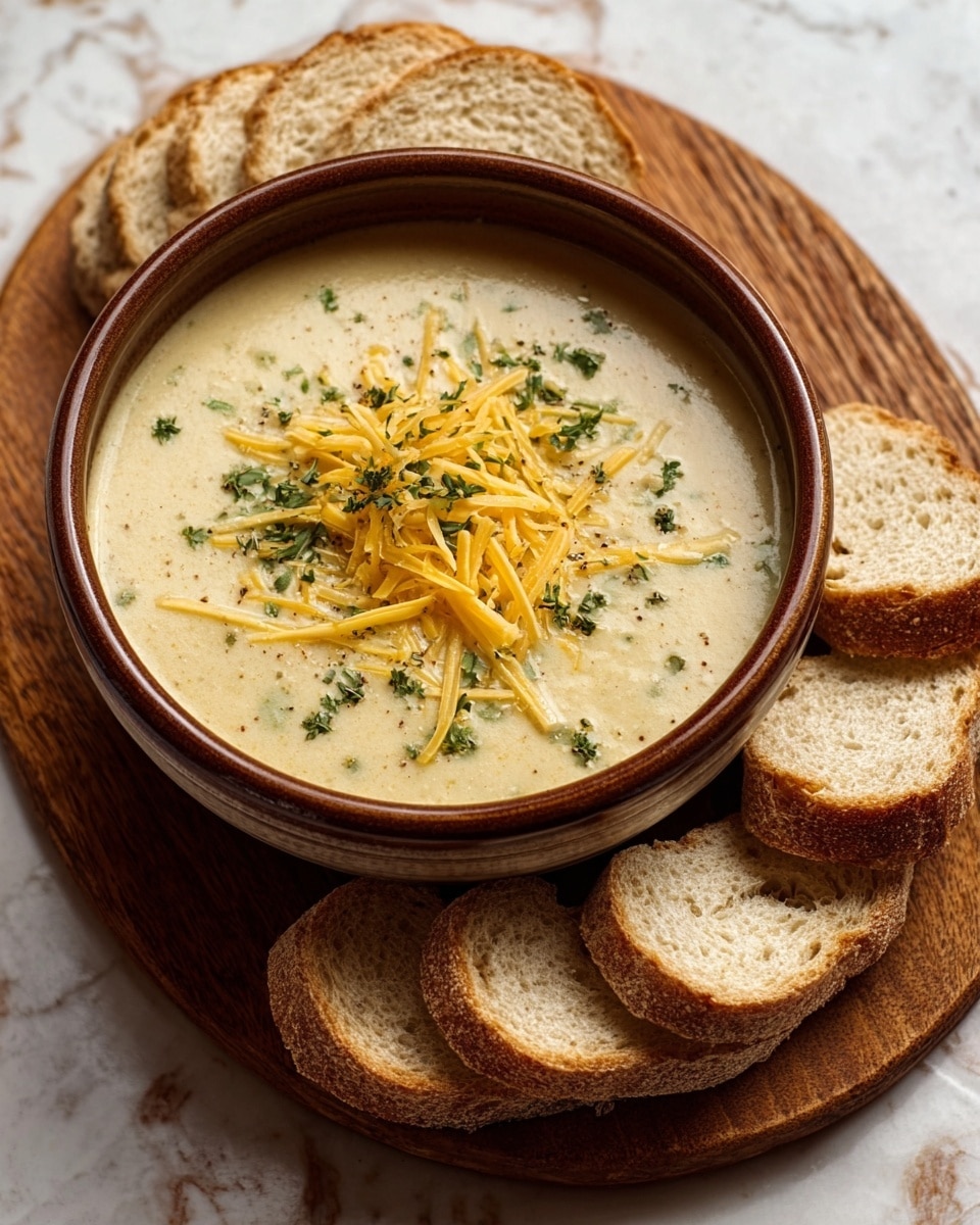 A brown bowl filled with creamy soup that looks thick and smooth, topped with shredded yellow cheese and small green herb pieces scattered on the surface. The soup has a light beige color with some darker small chunks showing inside. Around the bowl, six slices of light brown bread with a soft texture are placed evenly on a wooden board. The whole setup is on a white marbled surface. photo taken with an iphone --ar 4:5 --v 7