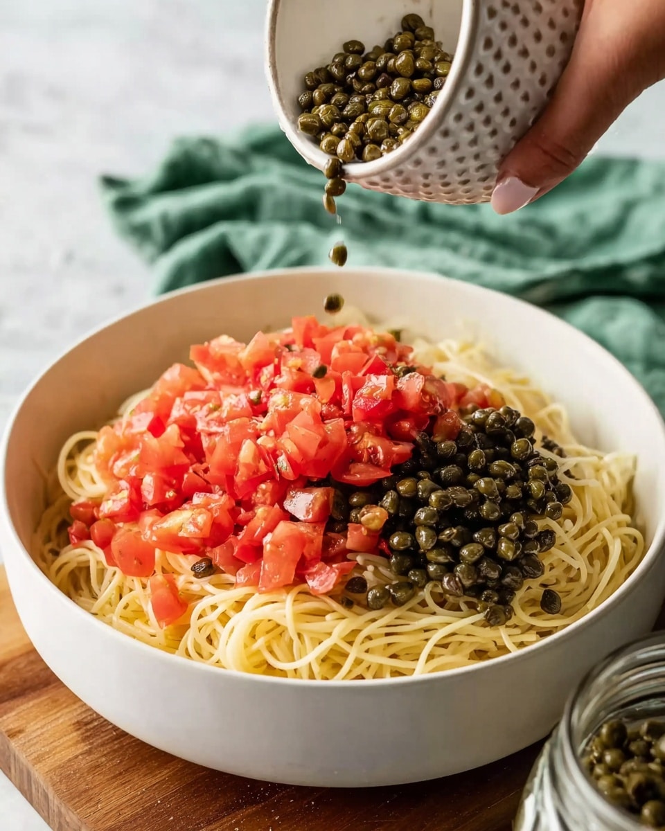 A white bowl filled with spaghetti noodles at the bottom layer, topped with a pile of dark green capers on the left side and bright red diced tomatoes being poured from a small textured white bowl held by a woman's hand above the bowl, all placed on a white marbled surface with part of a wooden board and a green cloth nearby. A jar of capers is visible at the bottom right corner. photo taken with an iphone --ar 4:5 --v 7