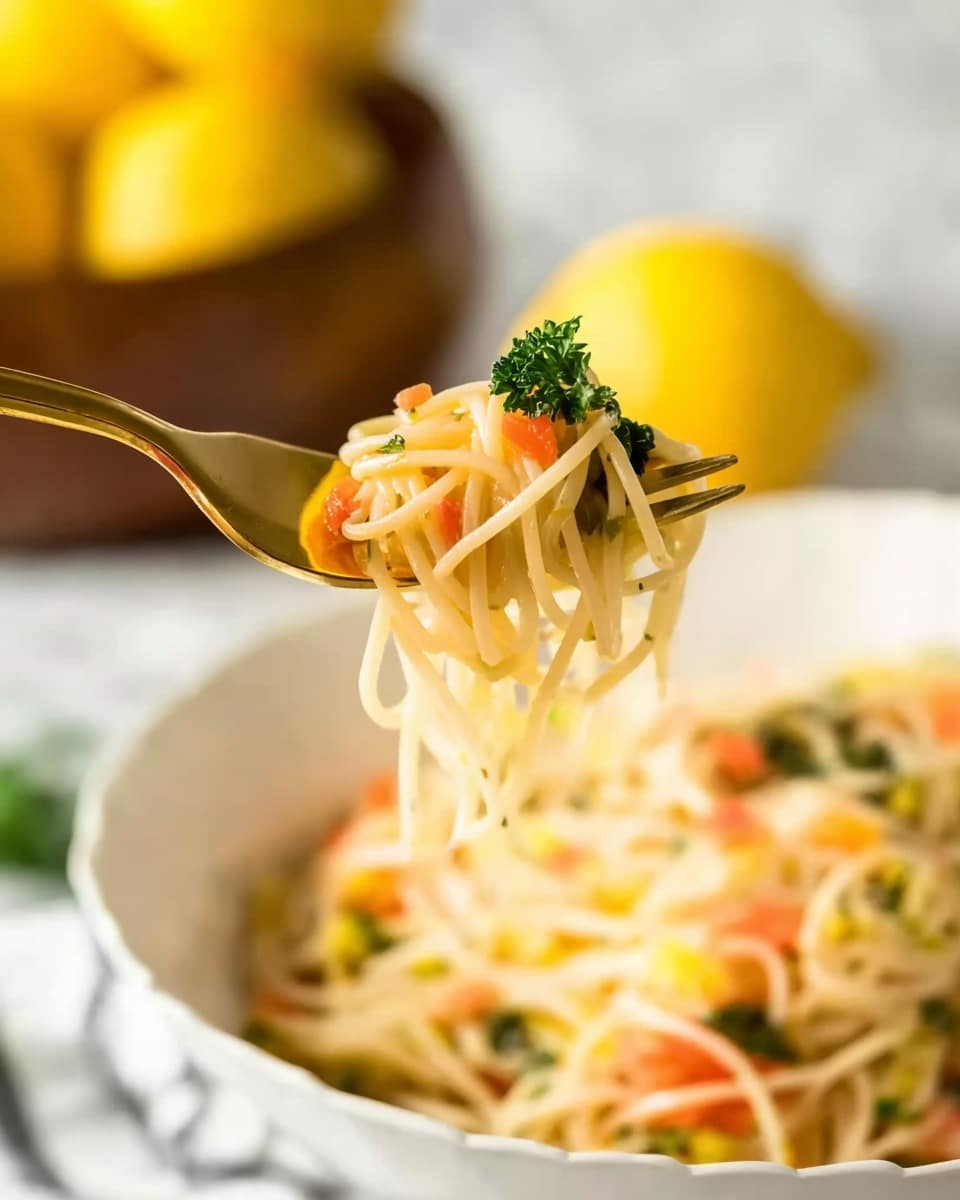 A close-up of a golden fork holding a small bundle of thin spaghetti noodles mixed with colorful bits, including orange, green, and light yellow pieces, with a small piece of green parsley on top. The noodles are lifted above a white bowl filled with more of the same spaghetti mixture, showing white noodles intertwined with bits of green herbs and orange pieces. In the background, there is a white bowl with bright yellow lemons, and the surface beneath everything is a white marbled texture. photo taken with an iphone --ar 4:5 --v 7
