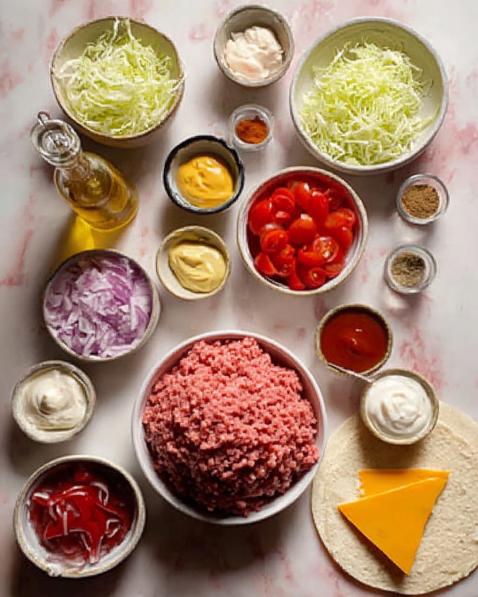 The image shows many small white bowls with different ingredients placed on a white marbled surface. In the center is a bowl filled with raw ground beef that looks light red and soft in texture. Above it slightly to the left is a bowl full of pale green shredded lettuce. To the right of the beef is a bowl of bright red sliced cherry tomatoes. To the left is a bowl filled with small chunks of purple onion. Other bowls hold ingredients like creamy white sour cream, thick yellow mustard, reddish ketchup, pale yellow pickles, white salt, light brown seasoning, and red chili powder. Near the bottom right, a folded yellow cheese slice is placed close to a white tortilla. A woman's hand is about to pour clear cooking oil from a small bottle near the top center. The background and surface are white marble, giving a clean look, and the image has soft lighting with a warm tone. Photo taken with an iphone --ar 4:5 --v 7