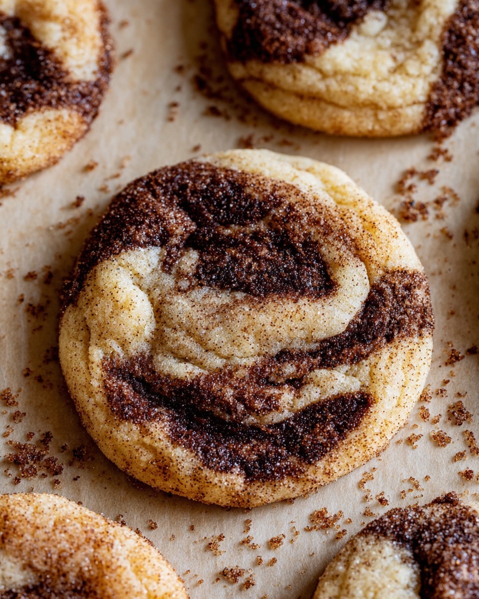 The image shows a close-up of round cookies with two main layers. The base layer is light tan, soft, and textured like classic cookie dough. Swirled through the top is a dark brown layer with a rough, slightly melted texture that looks like chocolate mixed into the dough. The surface of each cookie is sprinkled with a fine layer of cinnamon sugar, giving a light speckled brown tint over the tan dough. The cookies are placed directly on a light parchment paper that has a faint beige tone, with some cookie crumbs scattered around. photo taken with an iphone --ar 4:5 --v 7