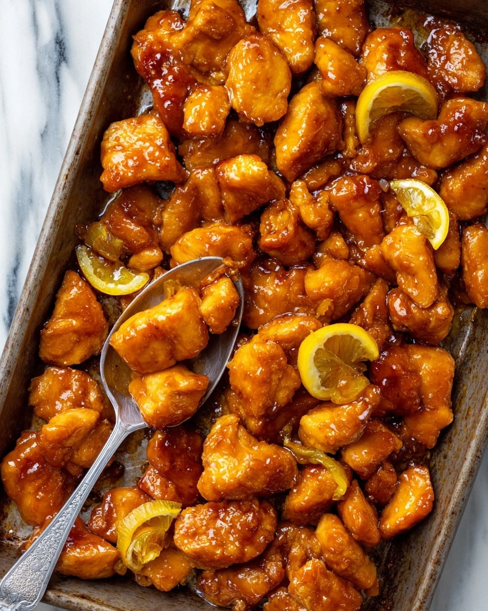 The image shows a metal tray filled with many pieces of golden brown cooked chicken, each piece having a shiny, slightly sticky glaze. Interspersed among the chicken are slices of cooked lemon, adding bursts of yellow color. The chicken pieces vary in size and shape, and the glaze gives them a smooth, glistening texture. A silver spoon is resting on the tray, lifting some chicken pieces, and the whole tray sits on a white marbled surface. photo taken with an iphone --ar 4:5 --v 7