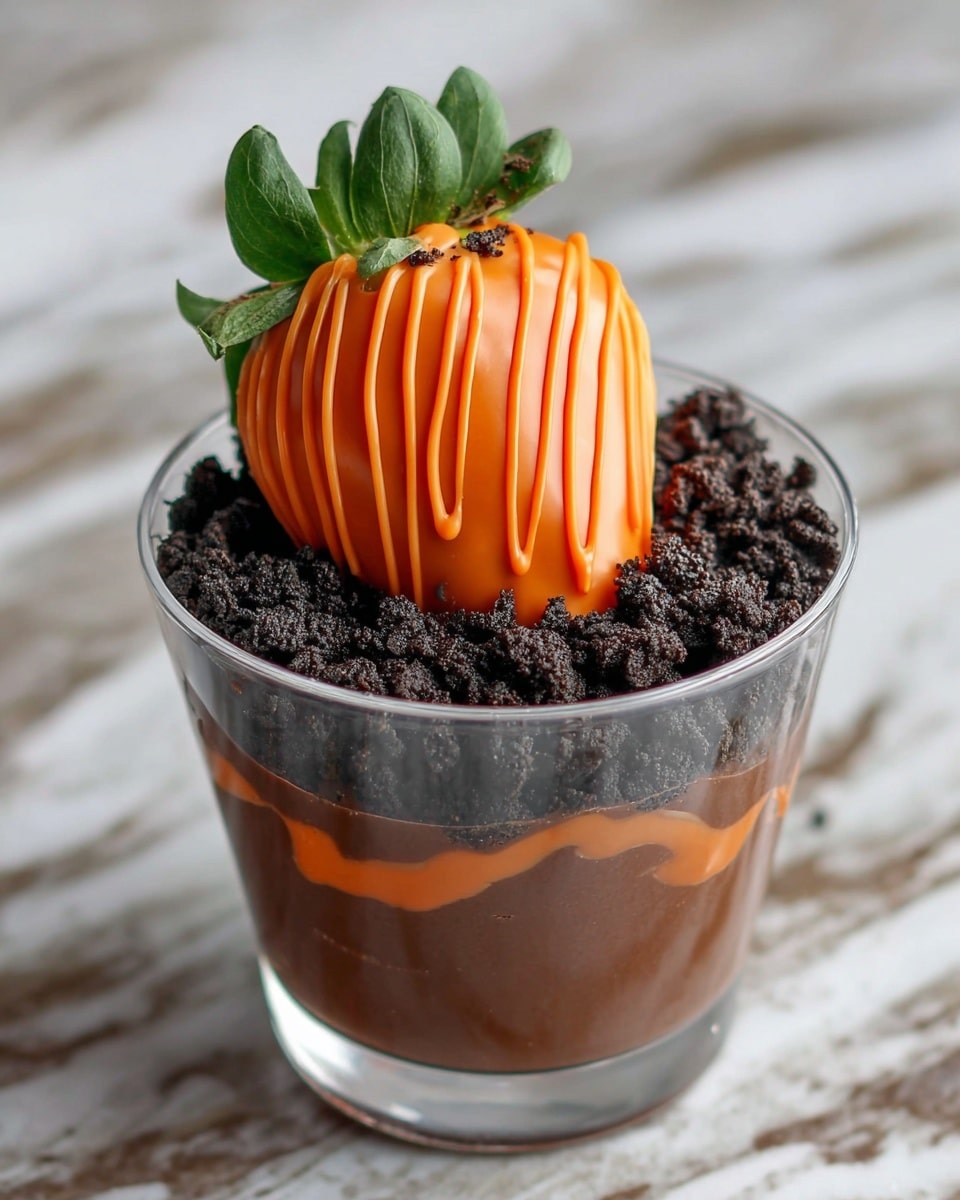 A clear cup filled with a dark, smooth chocolate pudding at the bottom as the first layer, topped with a layer of crushed dark chocolate cookie crumbles. On top of the cookie crumbles sits a large strawberry dipped in bright orange chocolate with visible green leaves on top and thin orange drizzle lines wrapped around the strawberry. The background is a white marbled texture. photo taken with an iphone --ar 4:5 --v 7