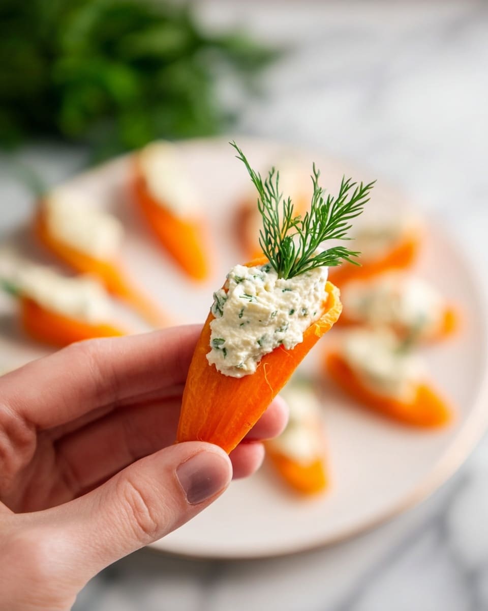 A close-up shows a woman's hand holding a small orange carrot piece that is hollowed and filled with a creamy white cheese spread speckled with green herbs. On top of the cheese, a small green dill sprig is placed, adding a fresh and vibrant touch. In the blurry background, several similar carrot pieces with cheese and dill are placed on a white plate resting on a white marbled surface. Photo taken with an iphone --ar 4:5 --v 7
