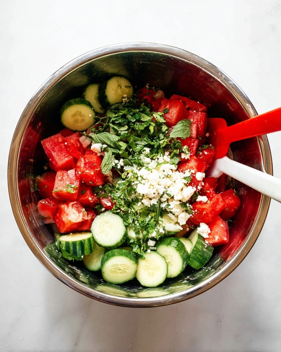 A shiny metal bowl is filled with three different layers of fresh cut fruits and vegetables. On the left side, there is a pile of bright red watermelon cubes with a smooth, juicy texture. On the top right, there are halved strawberries showing their red color and white inner parts with small seeds on the surface. Below the strawberries, the bottom right area is filled with neatly sliced green cucumber rounds, showing a light green inside and darker green skin around the edges. The bowl is placed on a white marbled surface. photo taken with an iphone --ar 4:5 --v 7