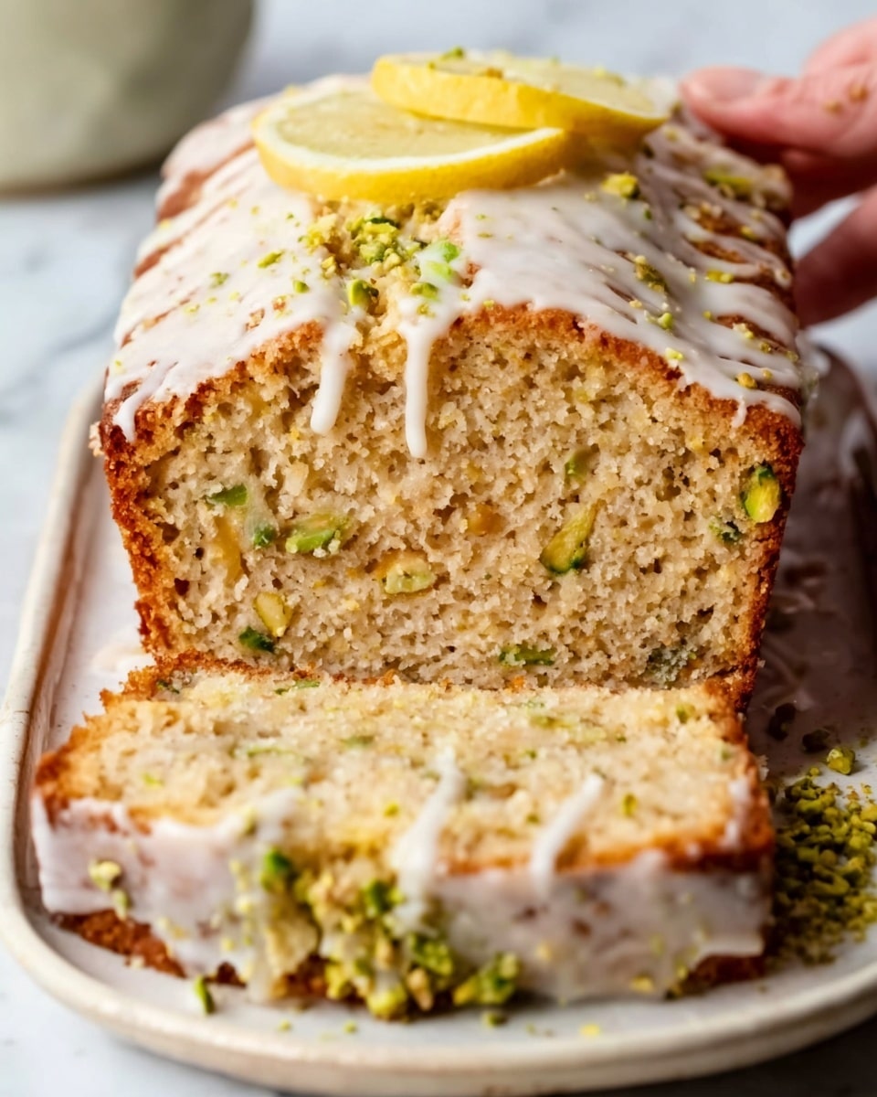 The image shows a close-up of two slices of a golden-brown loaf cake with a crumbly texture, topped with a drizzle of white icing in uneven lines. The cake surface reveals small bits of chopped nuts or grains inside, adding texture. It sits partially on a white plate, which rests on a white marbled surface. In the background, there is a glimpse of a decorative cloth with subtle stripes. The lighting is soft, highlighting the moist and crumbly top layer of the cake. Photo taken with an iphone --ar 4:5 --v 7