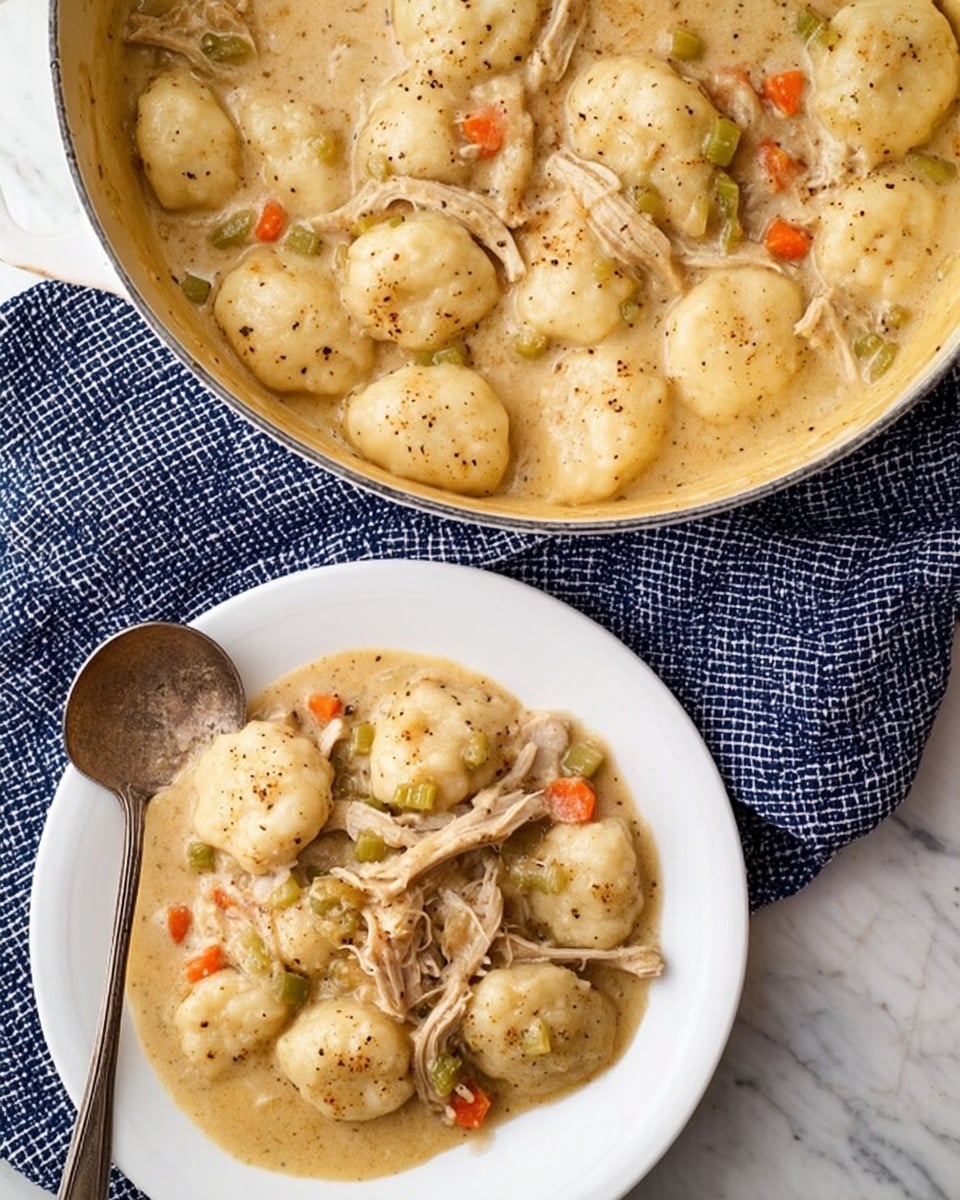 The image shows a white pan filled with a golden, thick stew consisting of soft dough dumplings and shredded meat mixed with small pieces of orange carrot and green celery, all covered in a creamy light brown sauce dusted with black pepper. Next to the pan is a white plate on a blue and white checkered cloth, holding a serving of the stew with a few dumplings and shredded meat in the same creamy sauce, along with a large rustic spoon resting on the plate's edge. The background surface is white marbled. Photo taken with an iphone --ar 4:5 --v 7