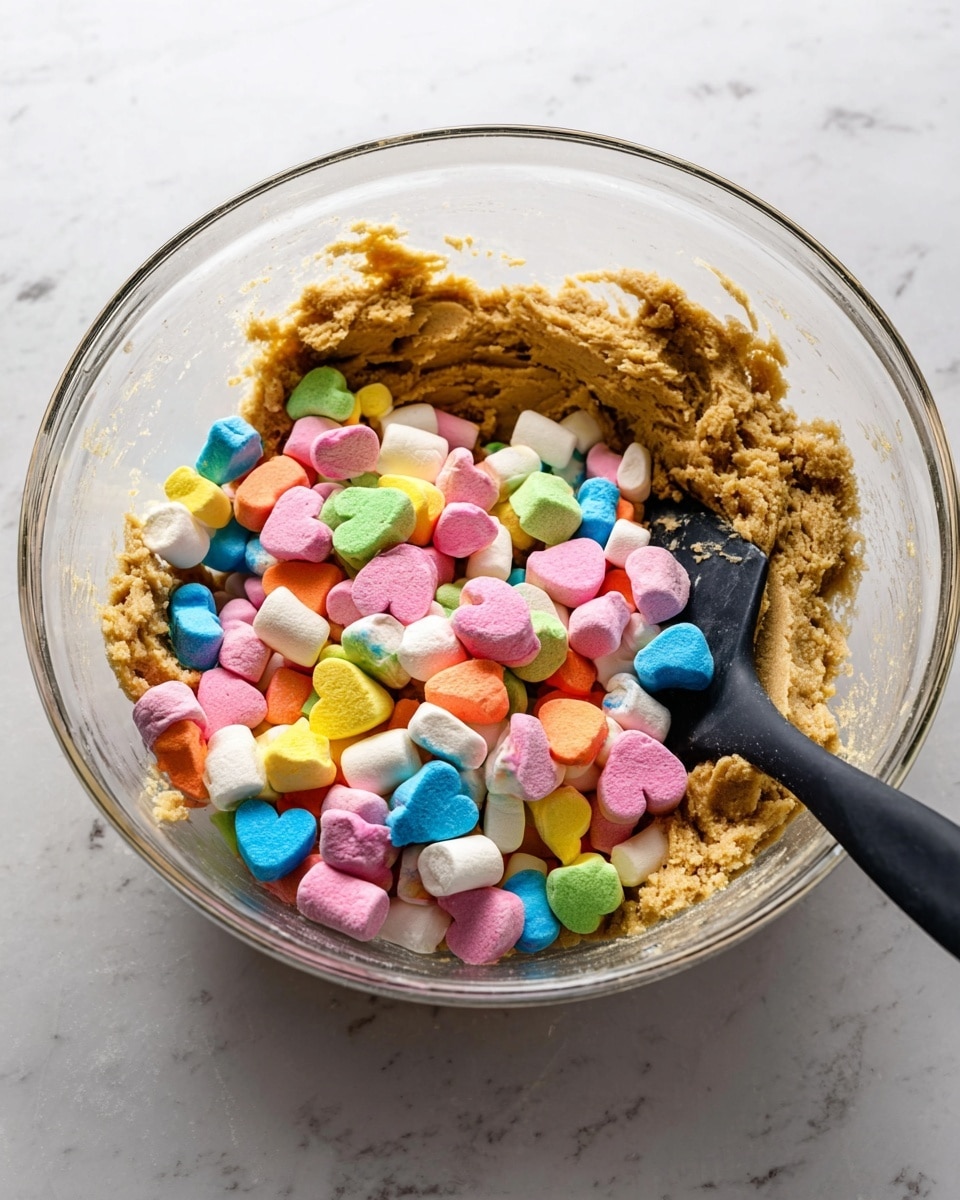A clear glass mixing bowl holds two layers: the bottom layer is a thick, light brown cookie dough with a rough texture, and the top layer consists of many colorful marshmallows in different shapes like hearts and blocks in bright colors such as pink, blue, yellow, green, orange, and white. A black silicone spatula rests inside the bowl, partly submerged in the dough. The bowl is placed on a white marbled surface. Photo taken with an iphone --ar 4:5 --v 7