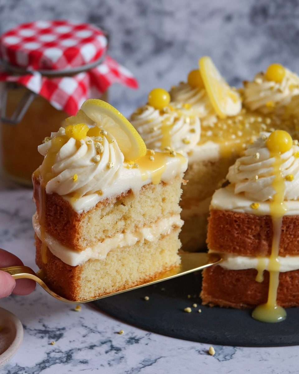 The image shows a two-layer yellow cake with a soft, spongy texture, each layer separated by a creamy white frosting. The top of the cake is decorated with thick swirls of the same white frosting, small yellow candy balls, and thin slices of lemon placed upright. A light drizzle of glossy yellow sauce covers the frosting. The cake is on a dark plate, and a woman's hand is lifting a slice with a golden cake server. The background is a white marbled surface with a jar topped with a red and white checkered lid nearby. Photo taken with an iphone --ar 4:5 --v 7