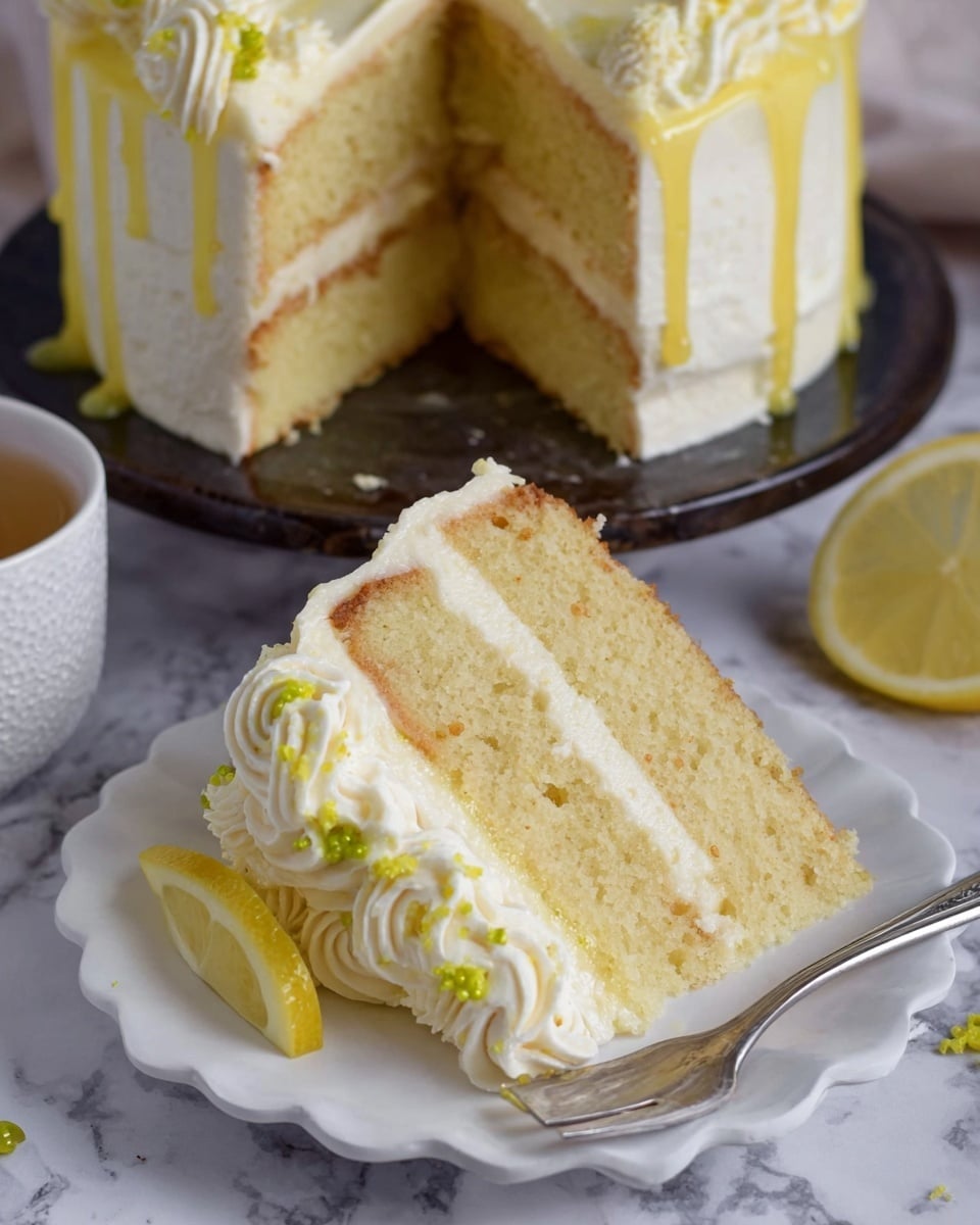 A slice of two-layer yellow cake sits on a white plate with scalloped edges, each cake layer showing a soft, moist texture. Between the layers is a creamy white frosting with a light yellow drizzle. The top edge of the slice is decorated with swirls of the same white frosting and a thin slice of lemon on one side, along with small yellow-green round sprinkles. A silver fork rests on the plate near the cake. In the background on a dark round platter, the rest of the cake shows the top layer thickly frosted and drizzled with yellow syrup. The surface beneath is white marble. Photo taken with an iphone --ar 4:5 --v 7