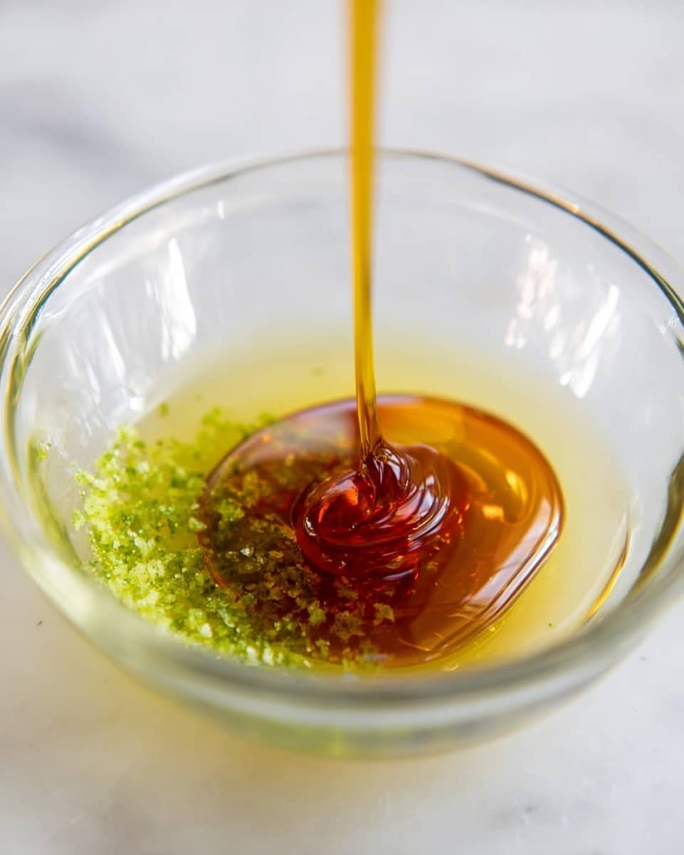 A clear glass bowl with a smooth, round shape sits on a white marbled surface. Inside the bowl, there is a thin layer of light green zest scattered at the bottom. A pale yellow liquid layer covers the zest, creating a slightly cloudy look. From above, a thick amber syrup is being poured in a smooth stream, forming a rich, glossy pile in the center that spreads slowly outward. The textures contrast between the syrup's shine and the pale liquids around it. Photo taken with an iphone --ar 4:5 --v 7