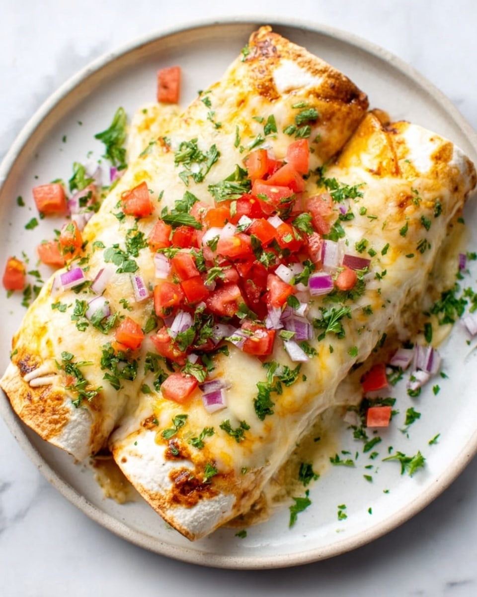 The image shows two rolled tortillas filled with a savory mixture on a white plate. The tortillas are covered with melted light yellow cheese and topped with small pieces of fresh red tomatoes and finely chopped purple onions. Green herbs are sprinkled over the top, adding a touch of color. The plate is placed on a white marbled surface, and the dish looks creamy and fresh. photo taken with an iphone --ar 4:5 --v 7