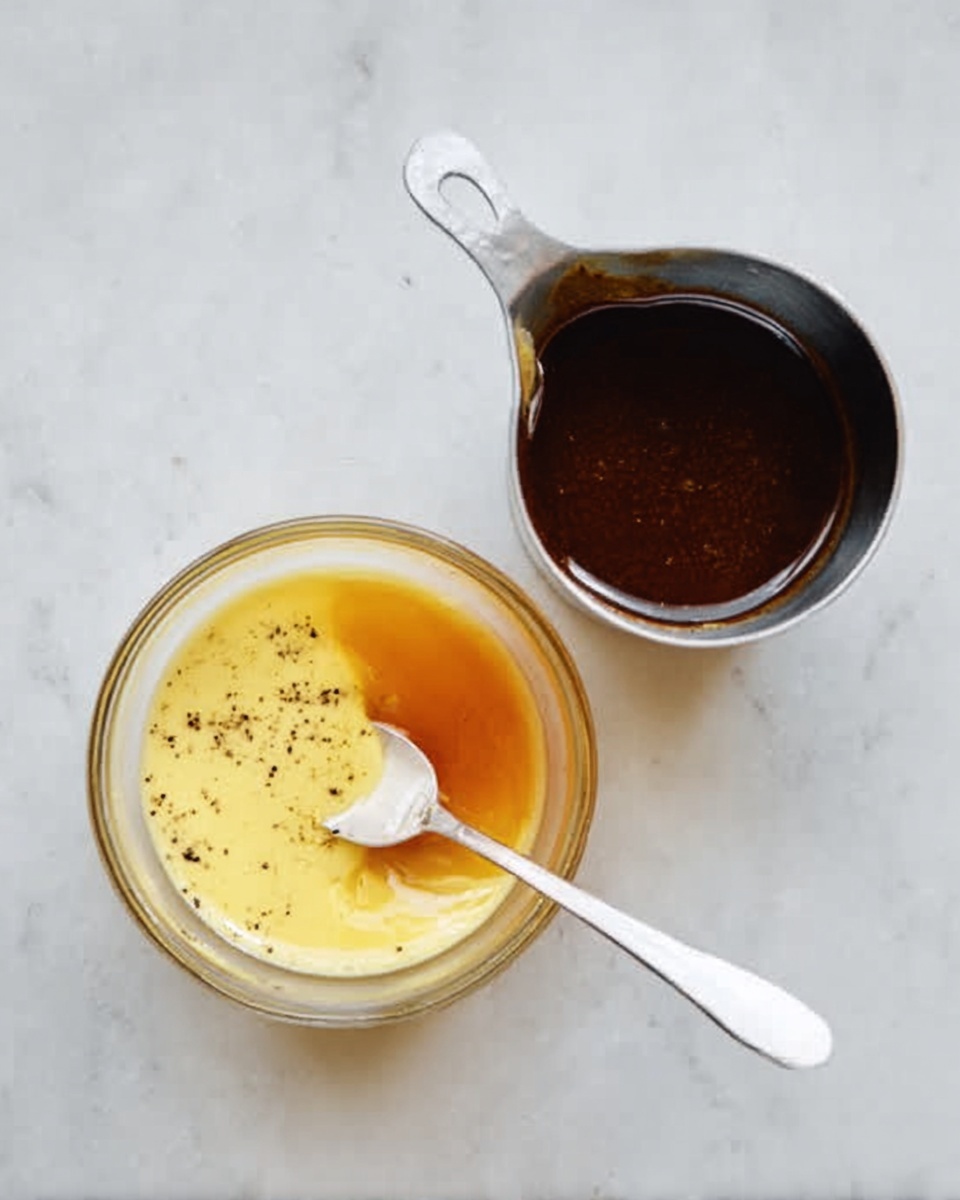 The image shows a clear glass bowl with a white spoon inside it, holding a mixture of pale yellow and light orange creamy sauce topped with small black pepper specks. Next to the bowl is a metal measuring cup filled with dark brown sauce. Both items are placed on a white marbled surface. Photo taken with an iphone --ar 4:5 --v 7