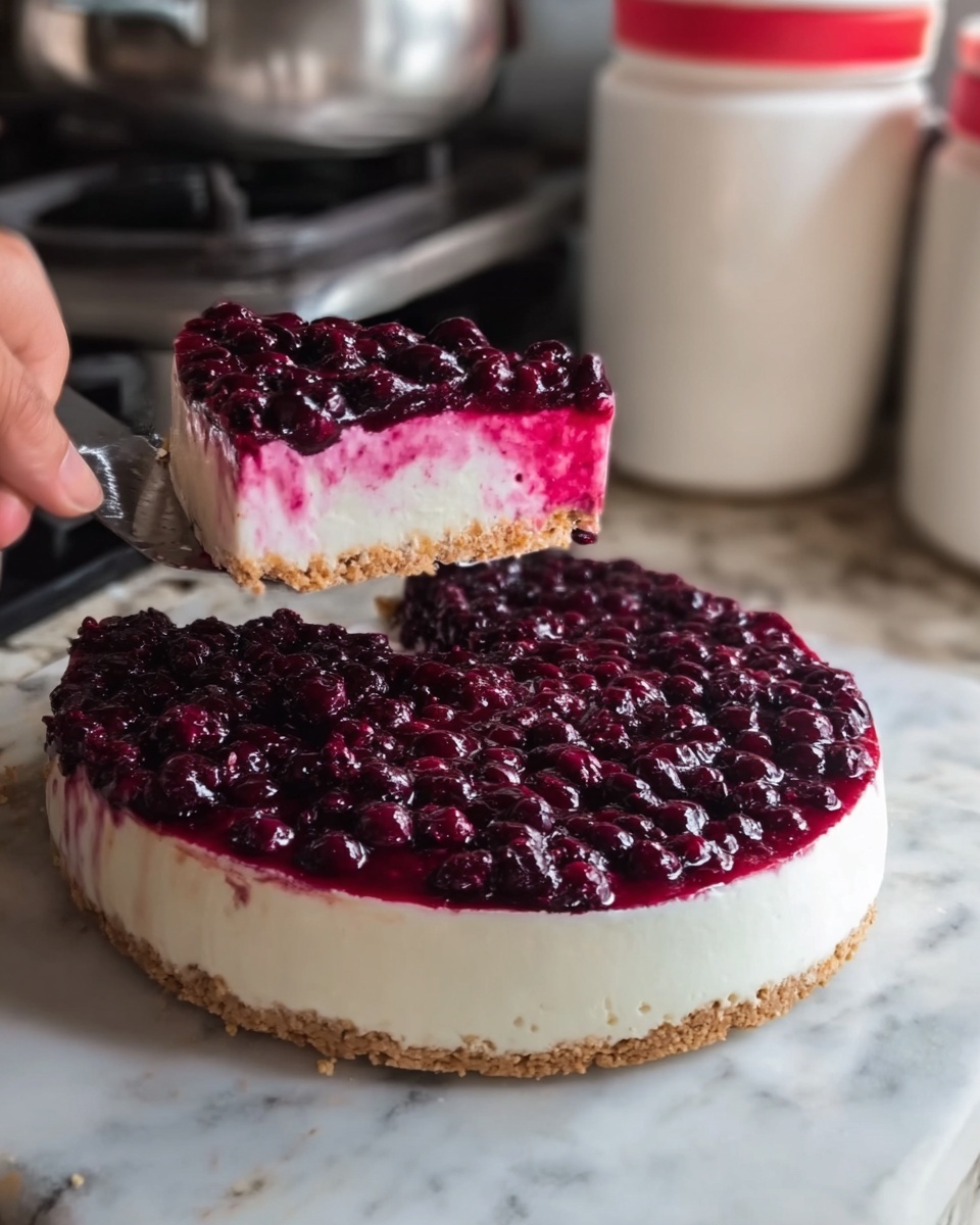A white round cheesecake on a white marbled surface with a thick layer of deep purple berry topping full of whole berries covering the top. One slice is lifted showing three layers: a light brown crumbly crust as the bottom layer, a thick smooth white creamy middle layer, and a thin bright pink layer just below the berry topping. A woman's hand holds the lifted slice from the left side. In the background, there are white containers with red bands on a stove. Photo taken with an iphone --ar 4:5 --v 7