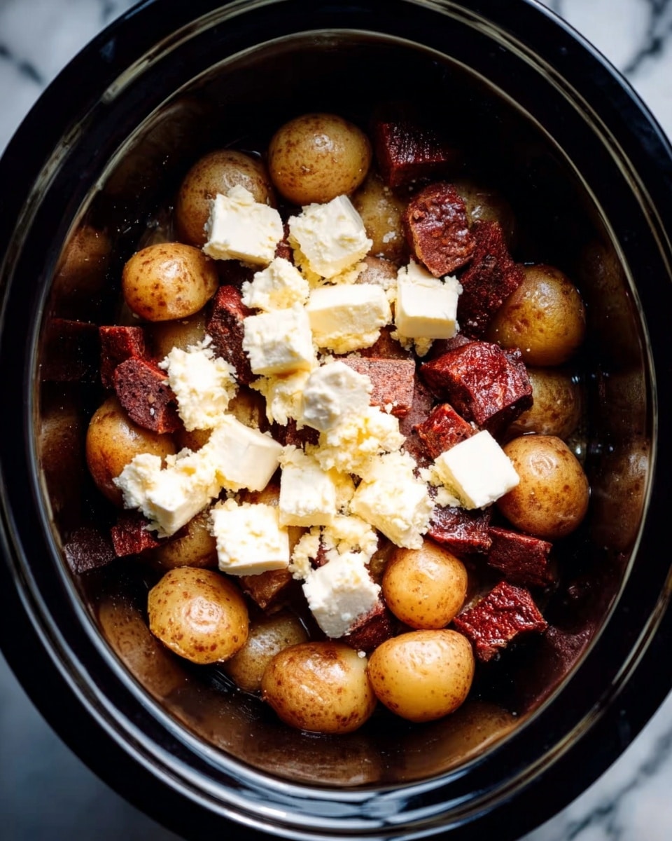 The image shows a slow cooker filled with layers of small brown potatoes at the bottom, topped with dark reddish-brown pieces of meat. On top of these are several small cubes of white cream cheese evenly spread over the meat and potatoes. The food is inside a shiny black slow cooker placed on a surface with a white marbled texture. The lighting highlights the soft textures of the potatoes and the smooth cream cheese cubes. Photo taken with an iphone --ar 4:5 --v 7