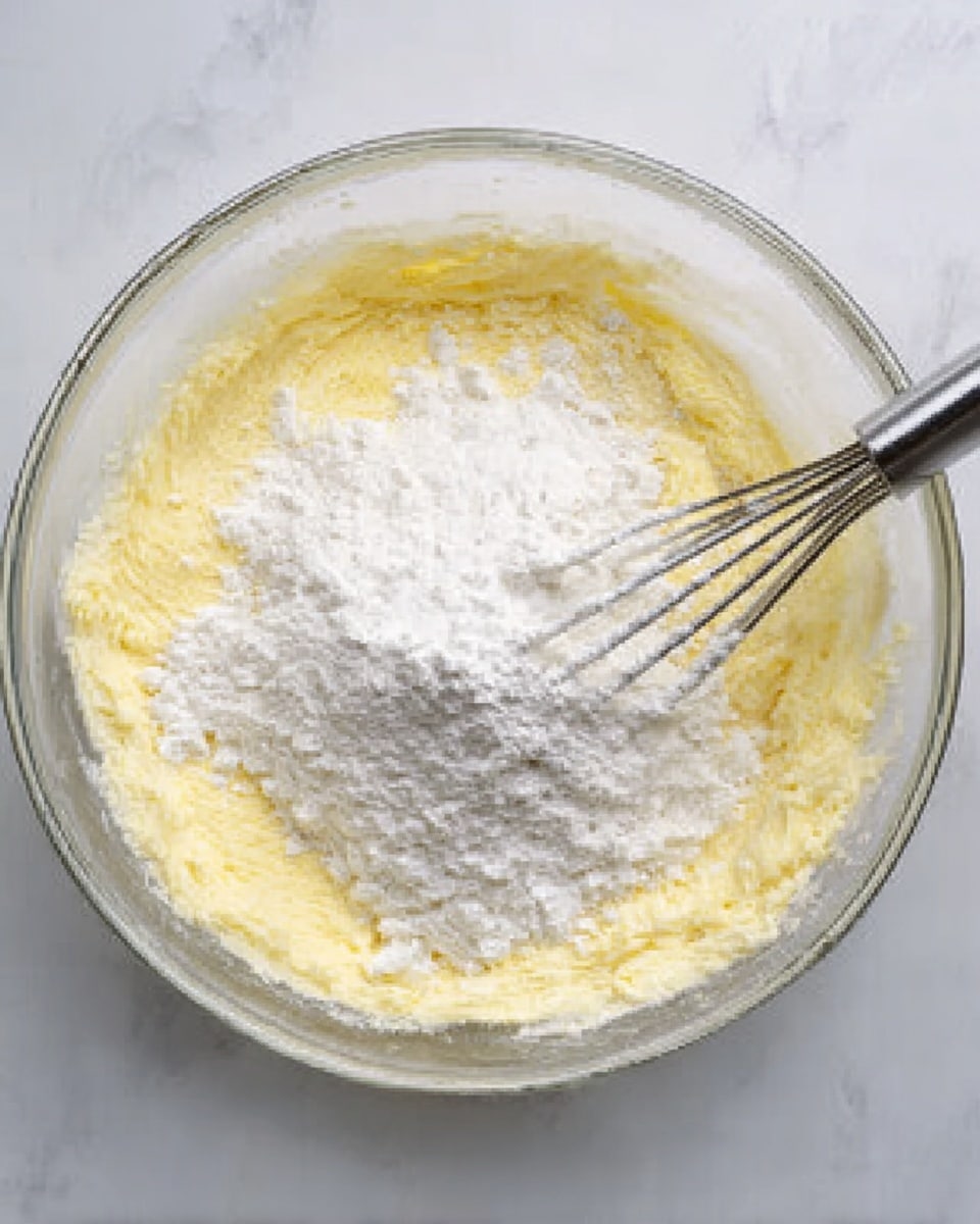 The image shows a clear glass bowl on a white marbled surface, containing a mixture with two visible layers. The bottom layer is soft and creamy with a pale yellow color and a smooth texture, while the top layer is a heap of white flour powder. An electric mixer with silver beaters is partially dipped in the mixture on the right side. Photo taken with an iphone --ar 4:5 --v 7