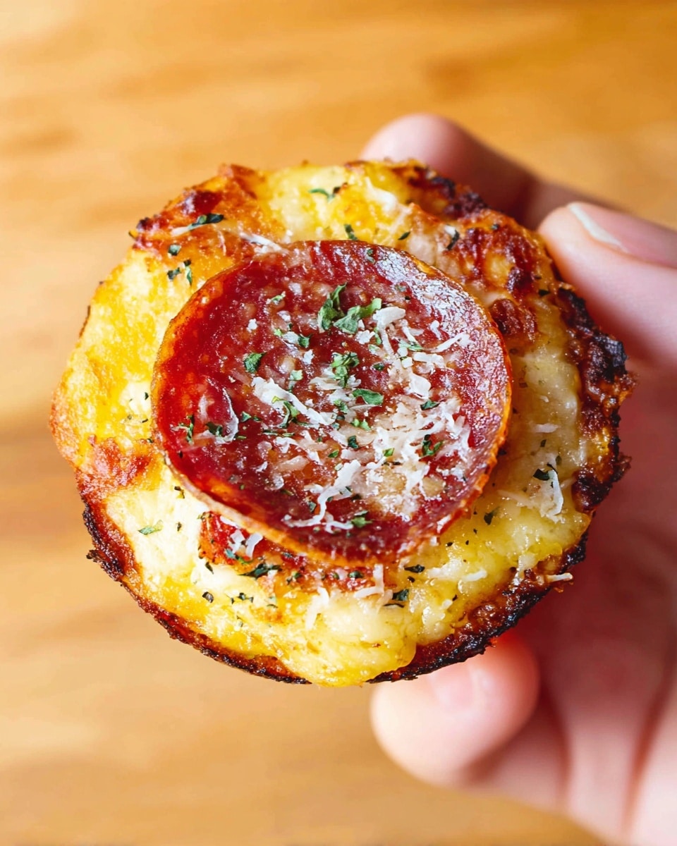 A small round pizza held between thumb and fingers of a woman's hand shows three main layers: a crispy golden-brown crust forming the base, a melted layer of bright yellow cheese above it, and a round slice of dark red pepperoni in the center topped with white grated cheese and tiny green herbs sprinkled on top. The background is a smooth light wooden surface. photo taken with an iphone --ar 4:5 --v 7