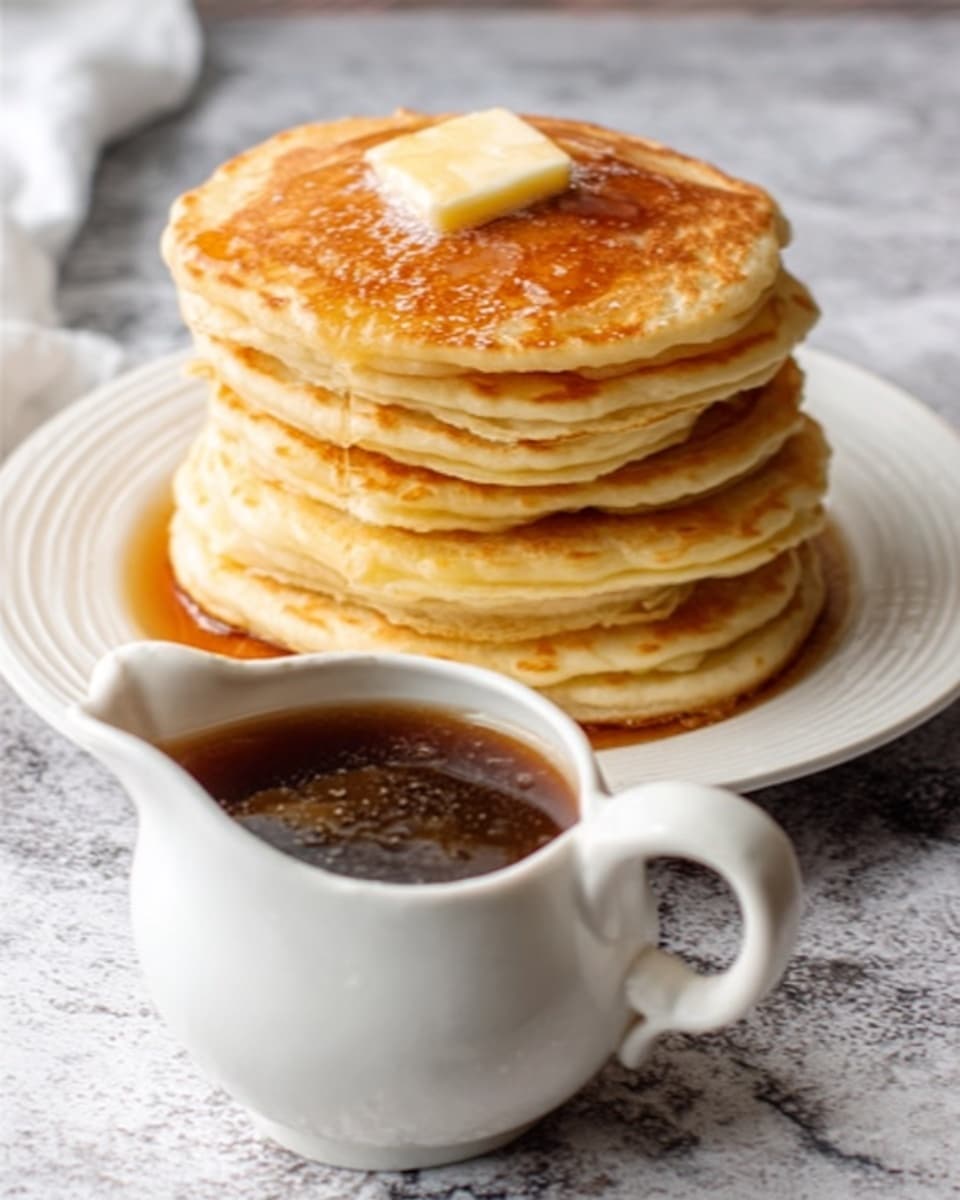 A tall stack of six golden brown pancakes sits on a white plate, each pancake fluffy with lightly browned edges. A small square of butter slowly melts on the top pancake, and the plate rests on a white marbled surface. In front of the plate, there is a white gravy boat filled with dark maple syrup, with the handle facing to the right. The lighting highlights the soft texture of the pancakes and the shiny syrup in the gravy boat. photo taken with an iphone --ar 4:5 --v 7