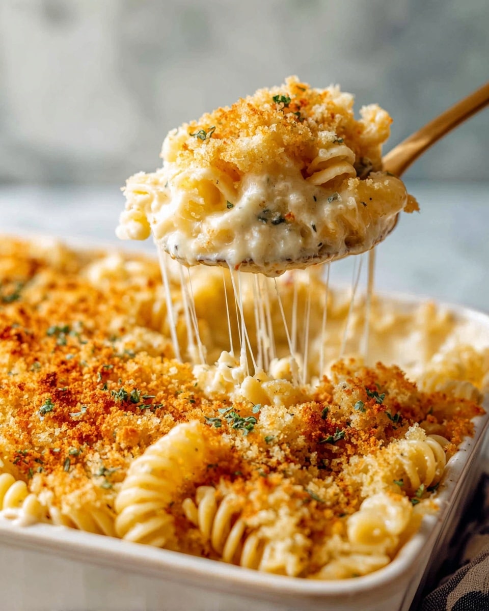 A close-up view of creamy macaroni and cheese in a large white baking dish showing three layers: the bottom layer has soft, spiraled pasta coated in melted cheese, the middle layer is thick and gooey cheese sauce with some herbs sprinkled throughout, and the top layer is golden brown toasted breadcrumbs with small green herb bits scattered on top. A golden spoon lifts a portion, stretching melted cheese strings from the dish. The scene is set on a white marbled surface with soft natural light. photo taken with an iphone --ar 4:5 --v 7