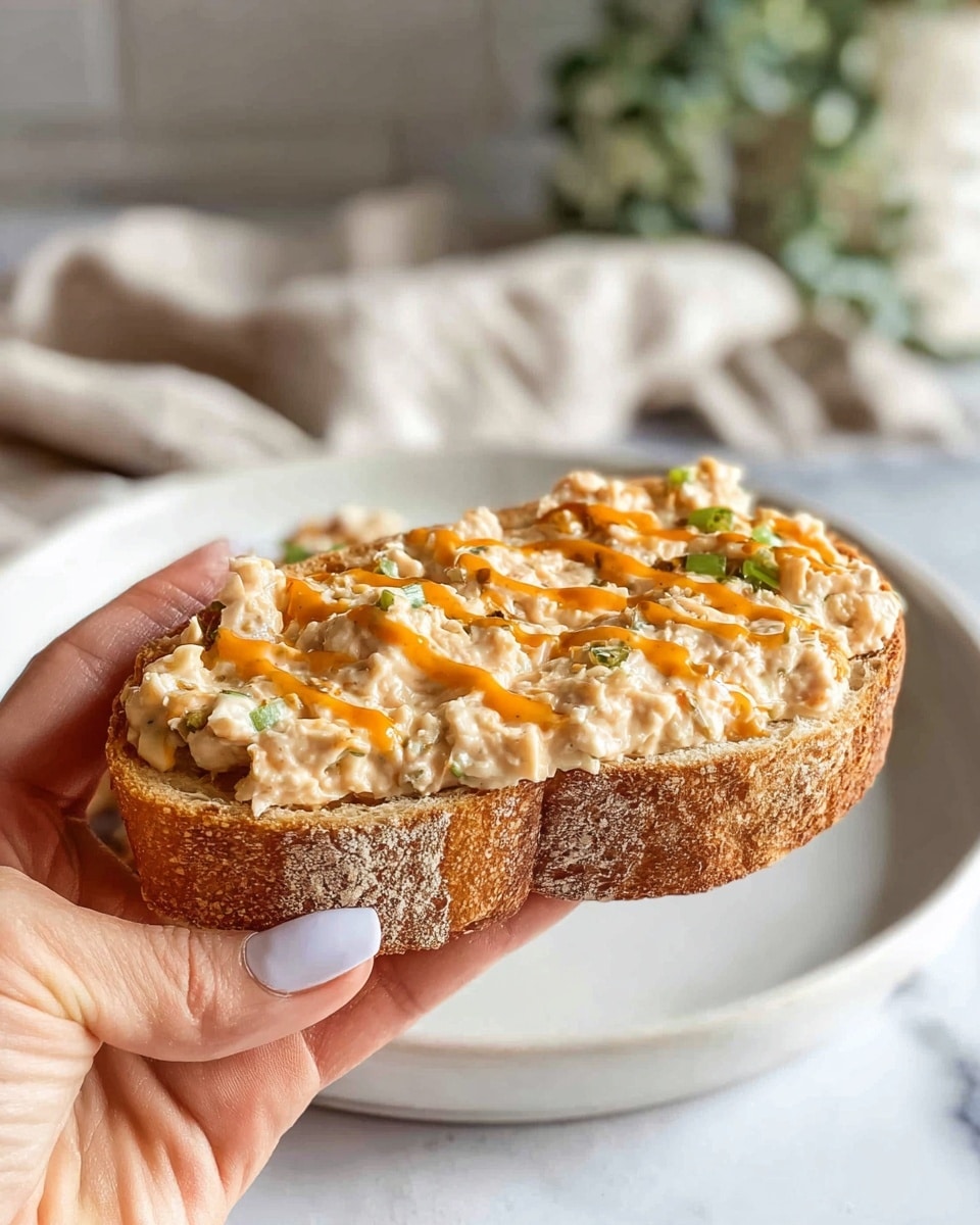 A white woman's hand holding a thick slice of toasted bread topped with a creamy, chunky spread that has a light beige color mixed with small green bits and a drizzle of bright orange sauce across the top. The toast slices are crusty and golden brown, revealing the rough texture of the bread. In the background, there is a white plate on a white marbled surface, with some blurred plants and a soft cloth nearby. photo taken with an iphone --ar 4:5 --v 7