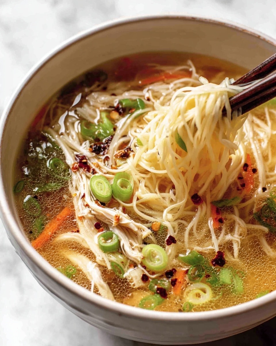 A white bowl filled with clear broth soup shows many layers inside: shredded pale chicken pieces resting near the bottom and green onion slices floating on top, adding bright green color; thin light yellow noodles are lifted by a pair of dark chopsticks held by a woman's hand, showing the noodles' smooth texture mixed with thin orange carrot strips; small dark red chili flakes scatter across the surface, giving a spicy look; the background is a white marbled texture photo taken with an iphone --ar 4:5 --v 7